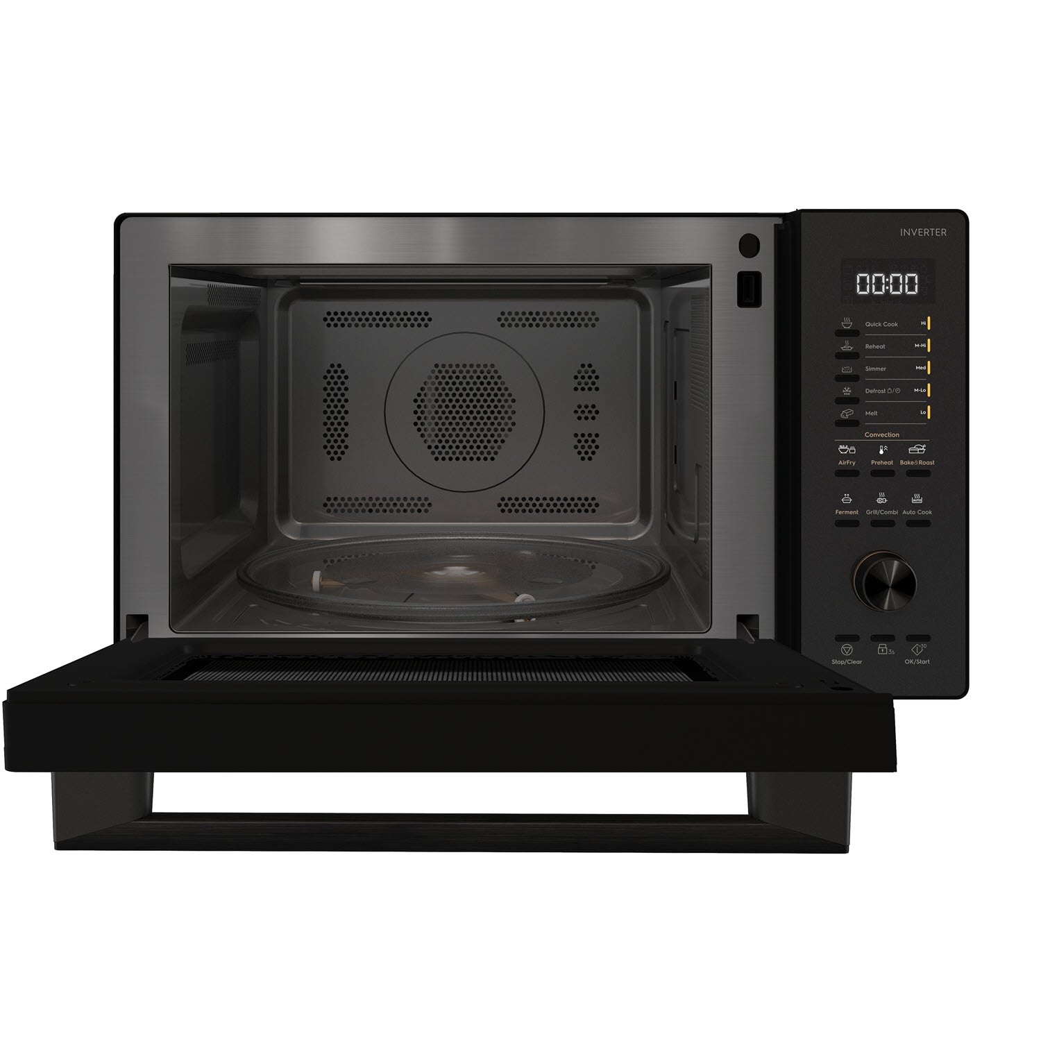 Electrolux EMC30D22BM UltimateTaste 700 freestanding combination microwave oven, front view with the door open showing the stainless steel cavity and glass turntable
