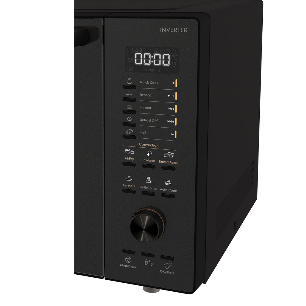Electrolux EMC30D22BM UltimateTaste 700 freestanding combination microwave oven, close-up of the control panel showing Quick Cook, Reheat, Simmer, Defrost, Melt and the AirFry, Preheat and Bake and Roast convection settings