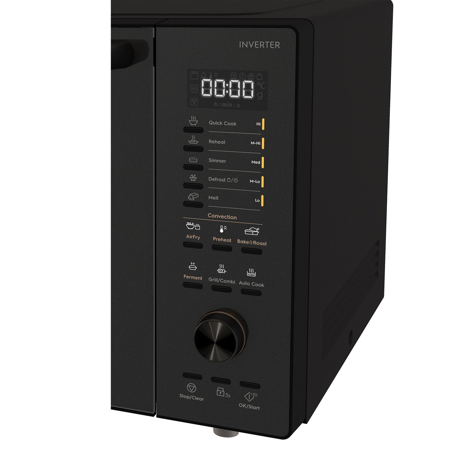 Electrolux EMC30D22BM UltimateTaste 700 freestanding combination microwave oven, close-up of the control panel showing Quick Cook, Reheat, Simmer, Defrost, Melt and the AirFry, Preheat and Bake and Roast convection settings
