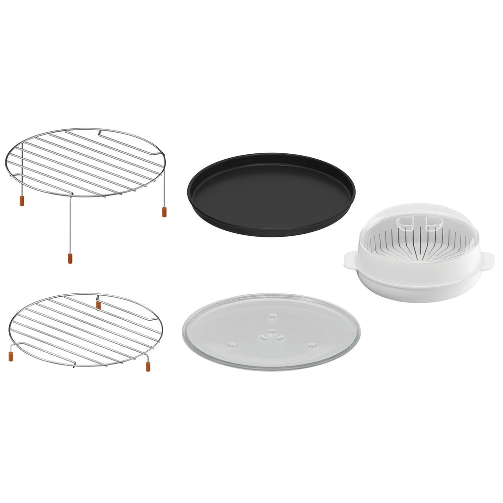 Electrolux EMC30D22BM UltimateTaste 700 combination microwave oven accessories: two wire racks, a black crisping tray, a white steamer and a glass turntable plate