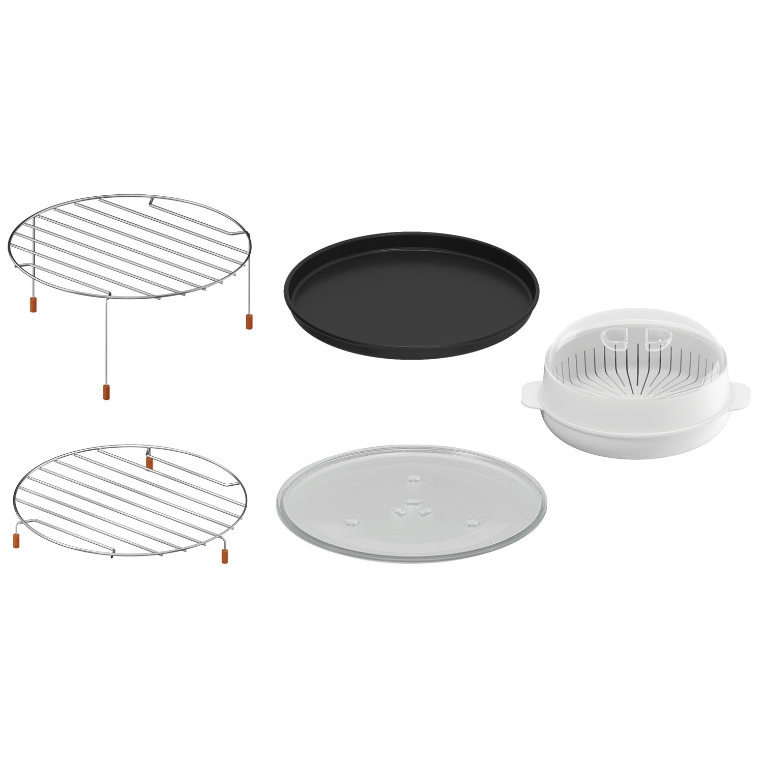 Electrolux EMC30D22BM UltimateTaste 700 combination microwave oven accessories: two wire racks, a black crisping tray, a white steamer and a glass turntable plate