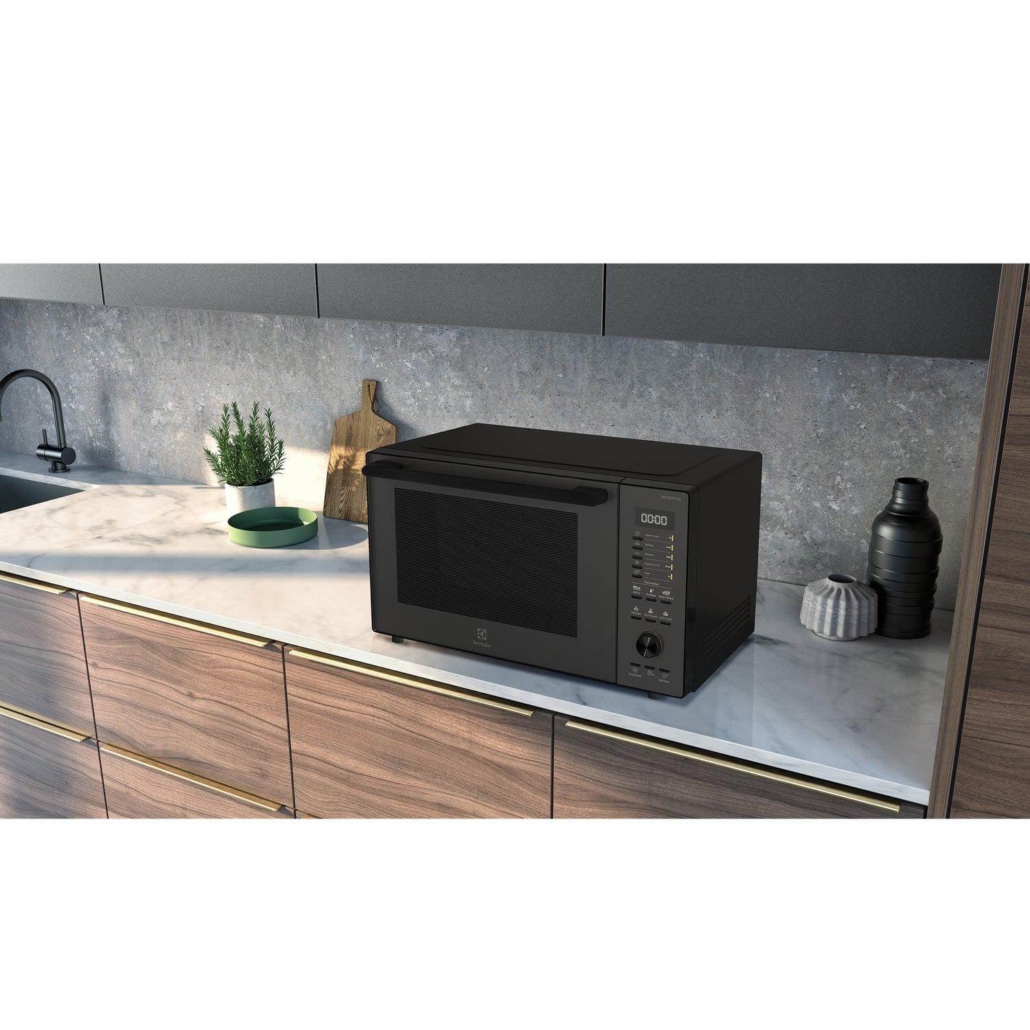 Electrolux EMC30D22BM UltimateTaste 700 freestanding combination microwave oven standing on a marble worktop in a walnut and concrete kitchen