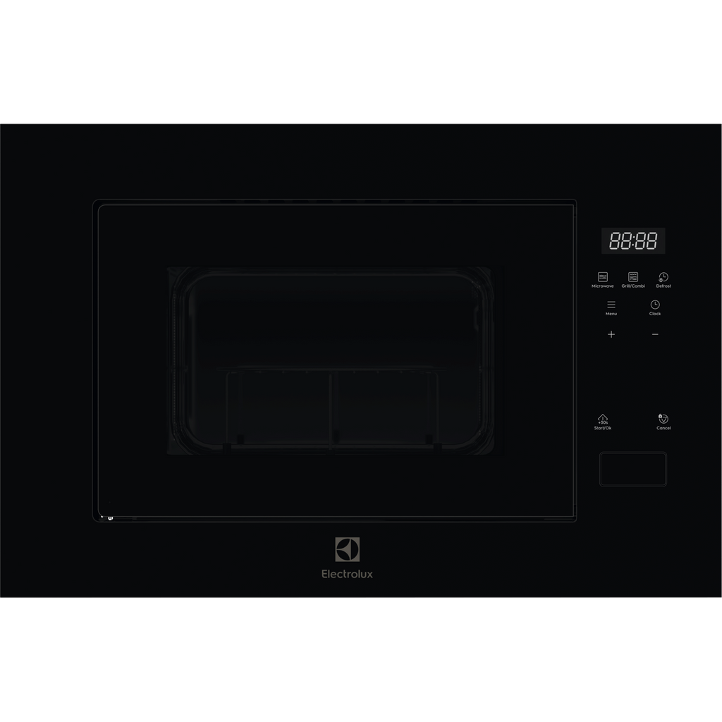 Electrolux EMFB25BG 600 Series built-in grill microwave oven, 25 L, in black glass, front view with the touch controls for Microwave, Grill and Combi and Defrost