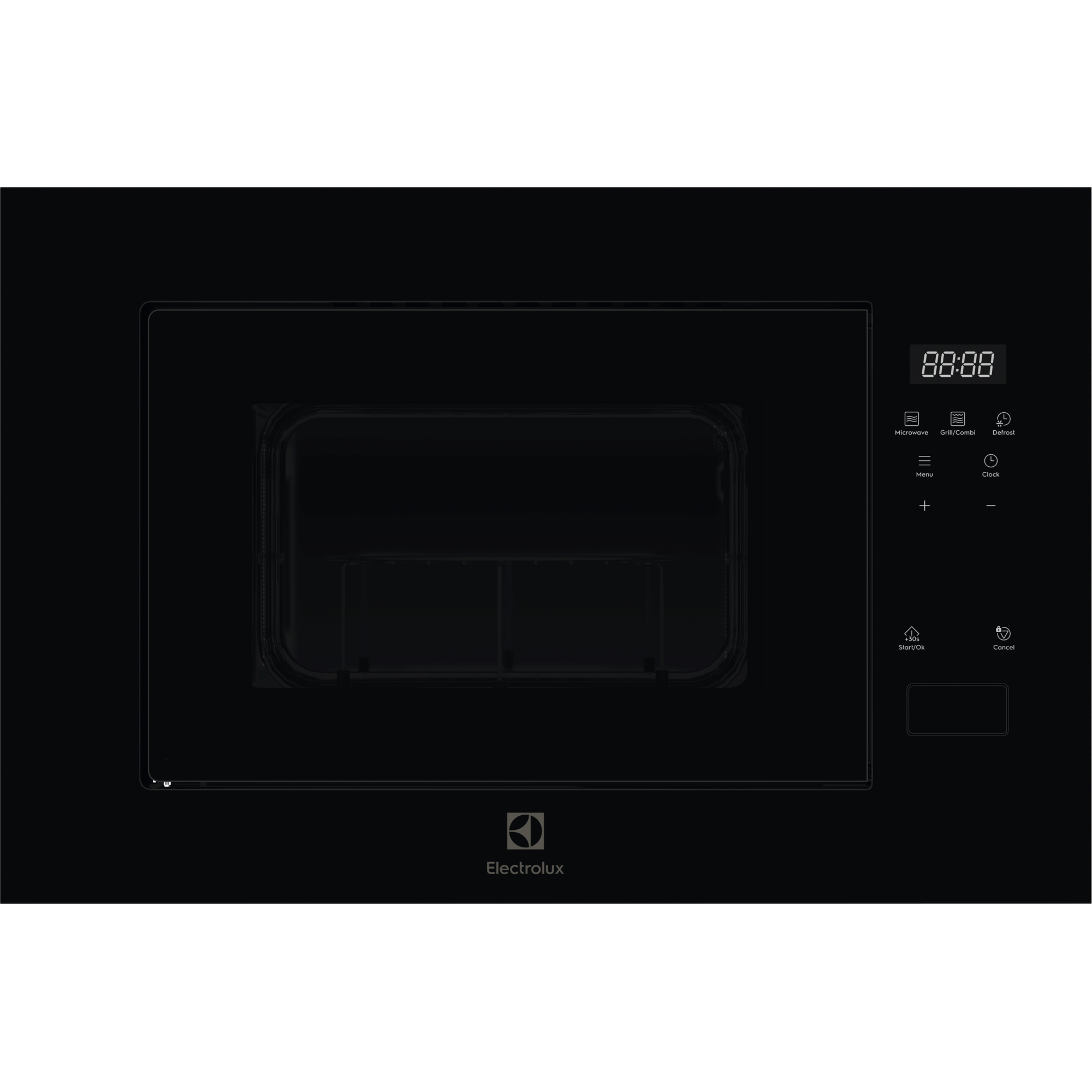 Electrolux EMFB25BG 600 Series built-in grill microwave oven, 25 L, in black glass, front view with the touch controls for Microwave, Grill and Combi and Defrost