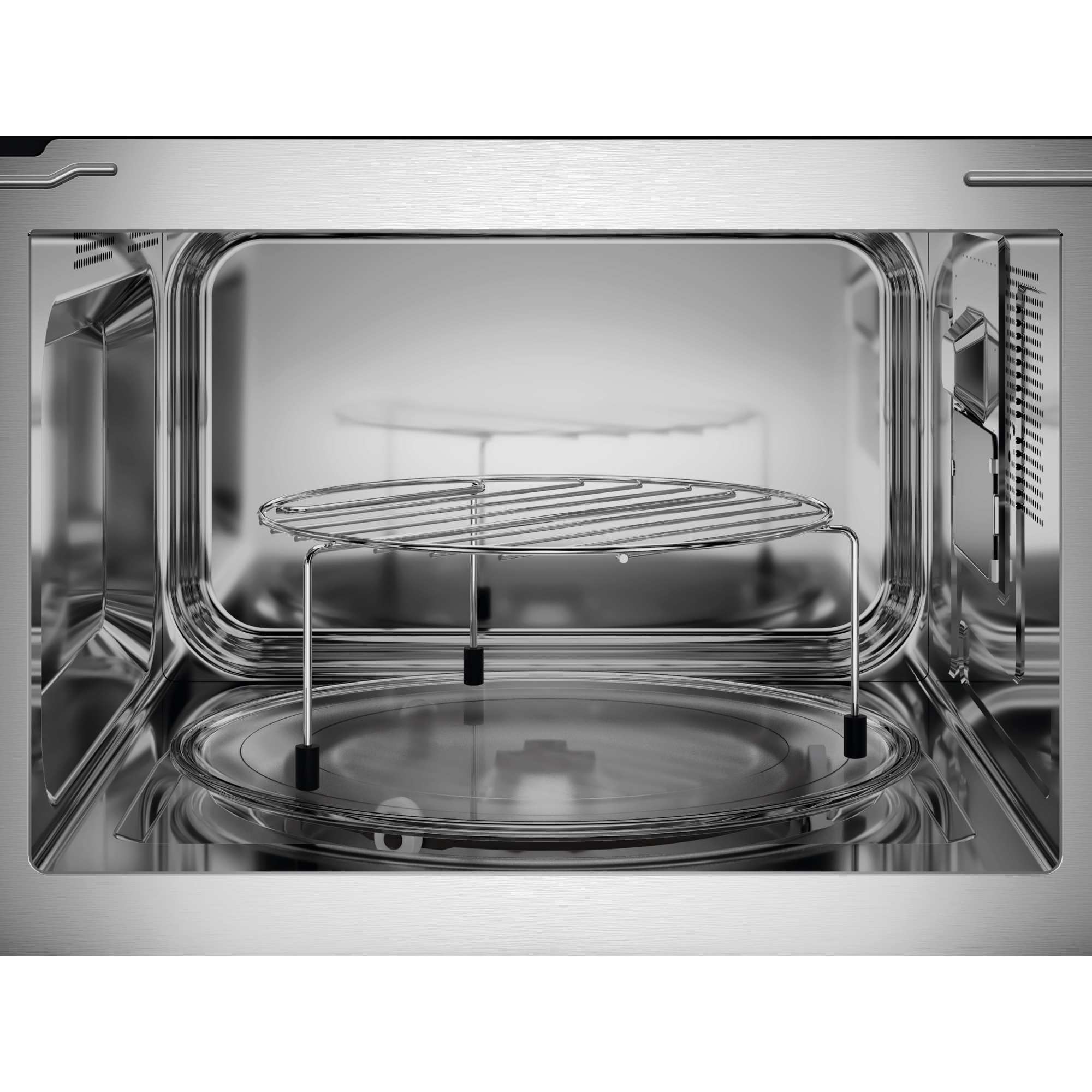 Electrolux EMFB25BG 600 Series built-in grill microwave oven, interior view with the wire grill rack standing on the glass turntable