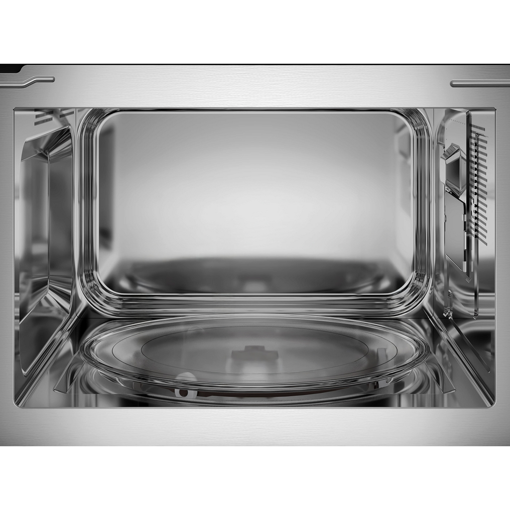 Electrolux EMFB25BG 600 Series built-in grill microwave oven, interior view of the empty stainless steel cavity and glass turntable