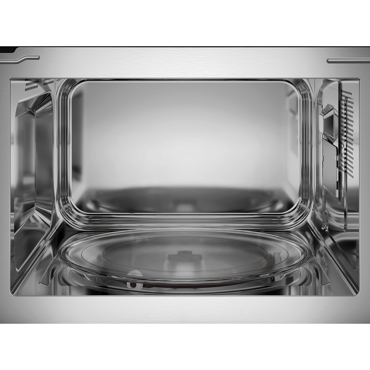 Electrolux EMFB25BG 600 Series built-in grill microwave oven, interior view of the empty stainless steel cavity and glass turntable