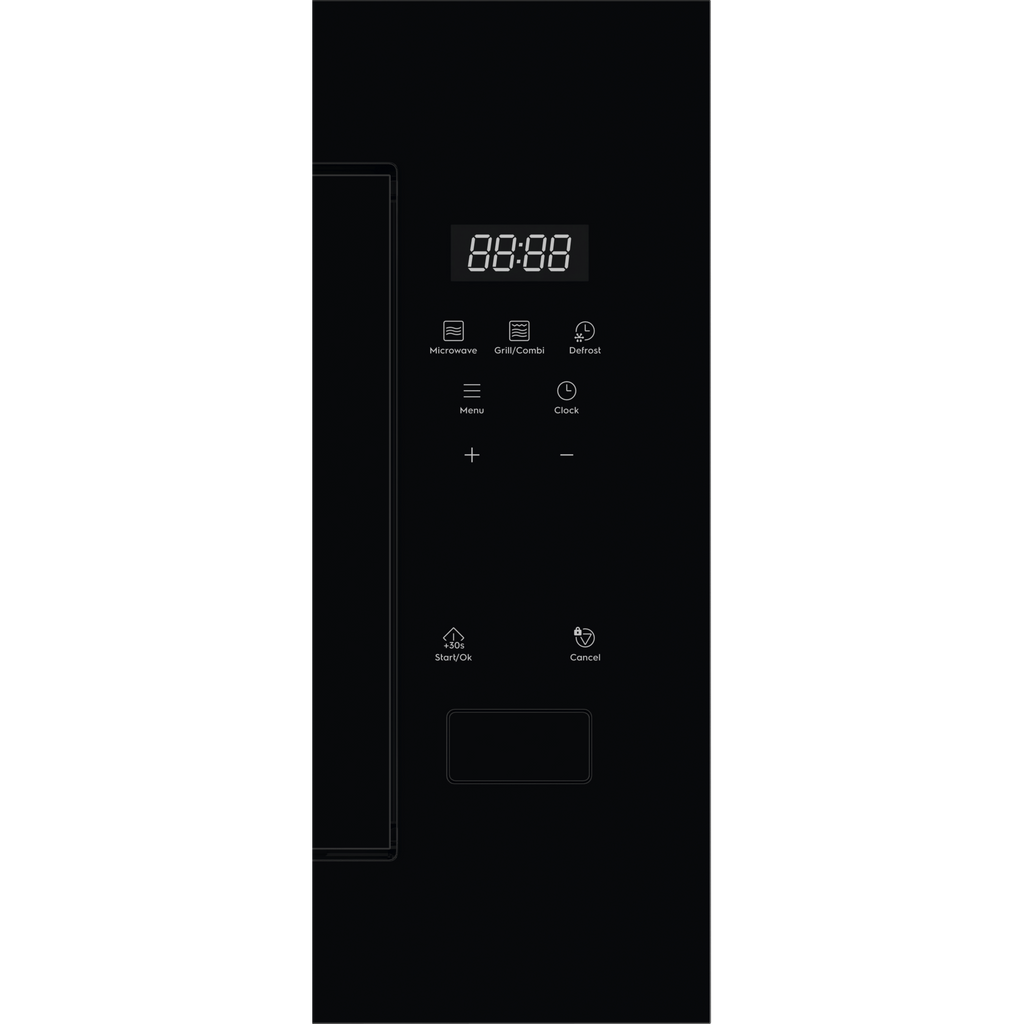 Electrolux EMFB25BG 600 Series built-in grill microwave oven, close-up of the black touch control panel with the digital display, Menu, Clock and Start controls