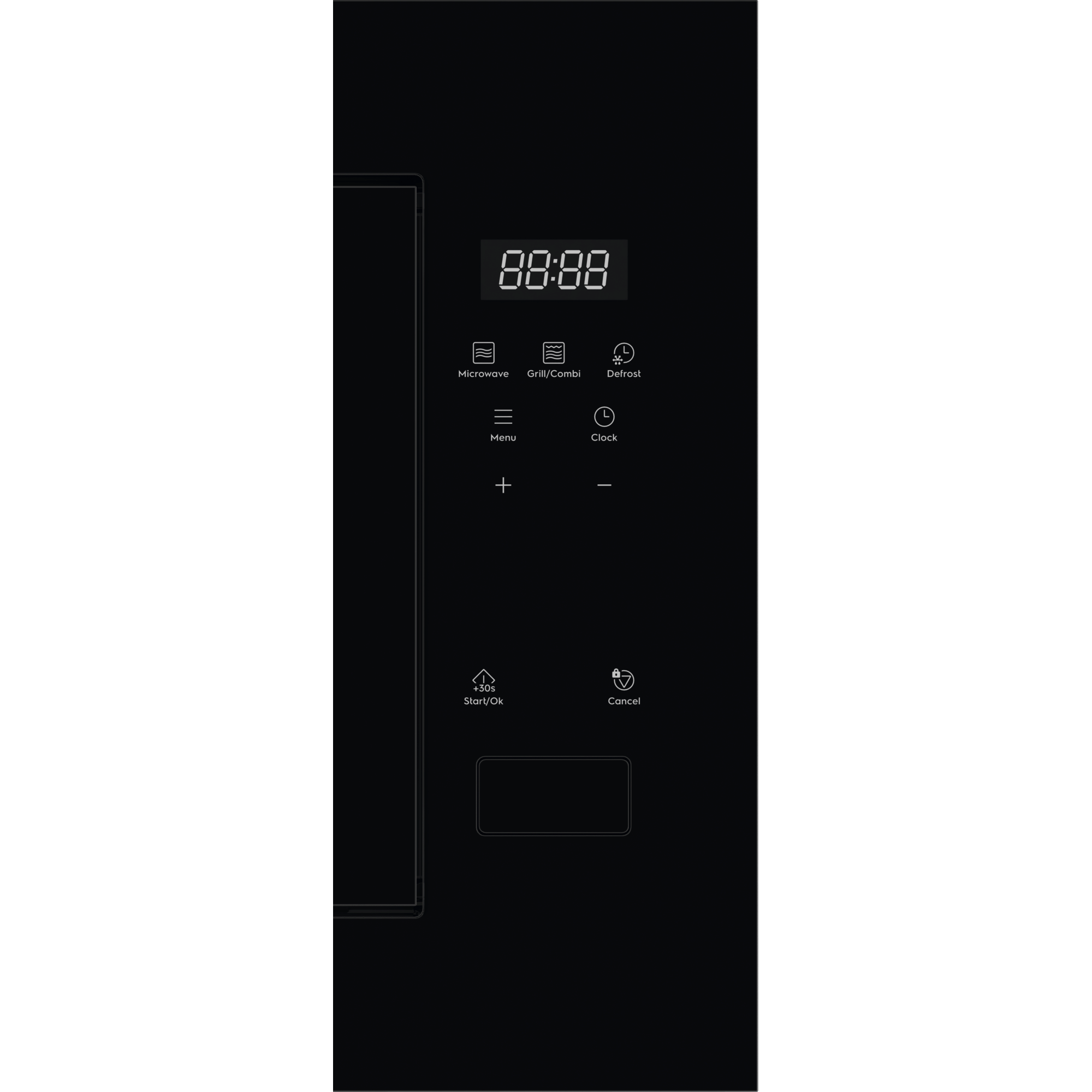 Electrolux EMFB25BG 600 Series built-in grill microwave oven, close-up of the black touch control panel with the digital display, Menu, Clock and Start controls