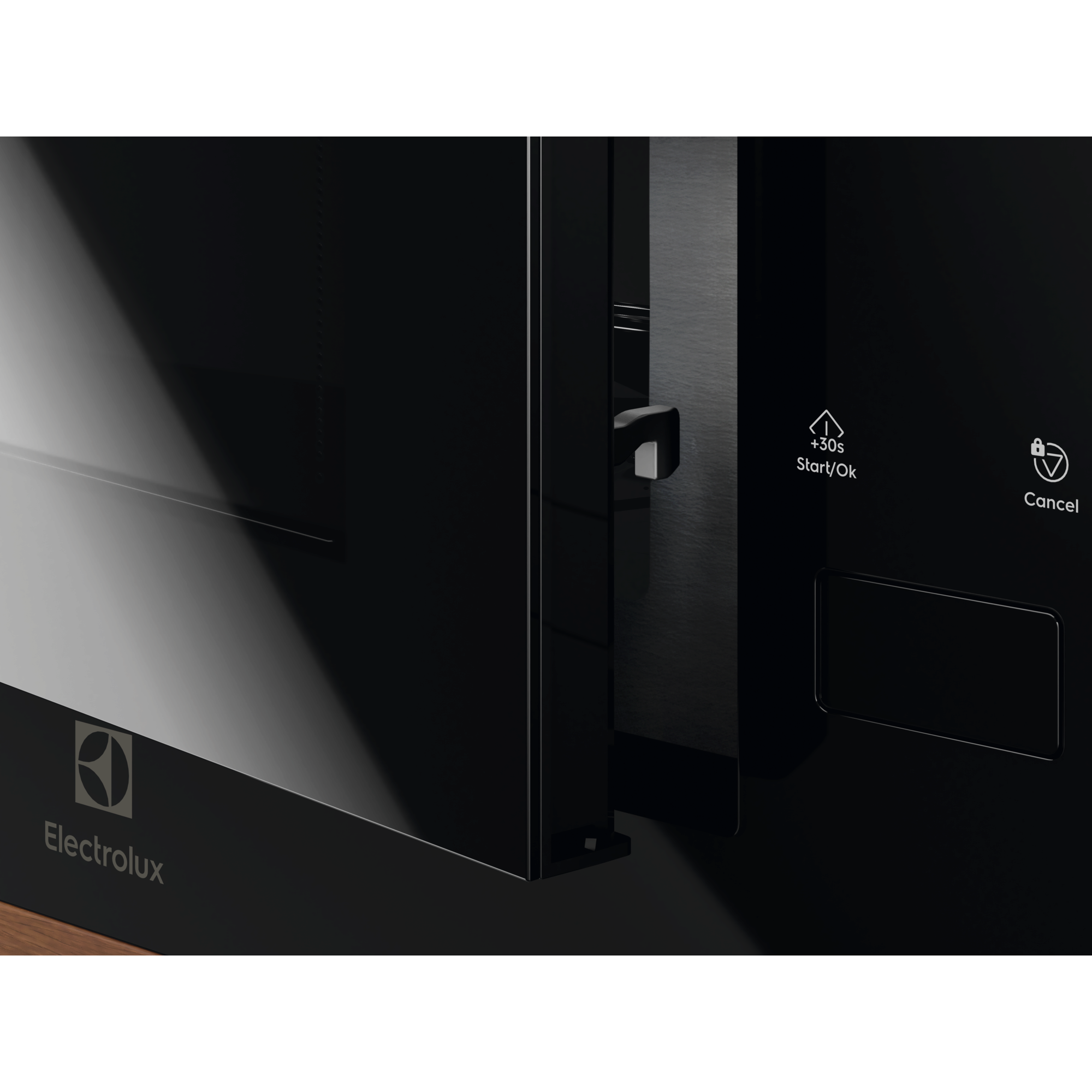 Electrolux EMFB25BG 600 Series built-in grill microwave oven, angled close-up of the door edge, catch and the Start and Cancel controls