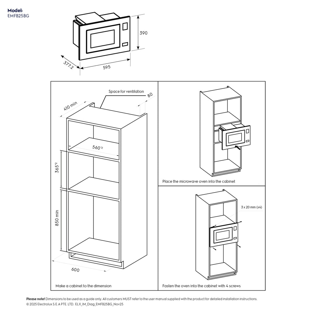 Electrolux EMFB25BG installation dimension diagram, 595 by 390 by 377 mm unit with a 560 mm cabinet cut-out and 80 mm ventilation space