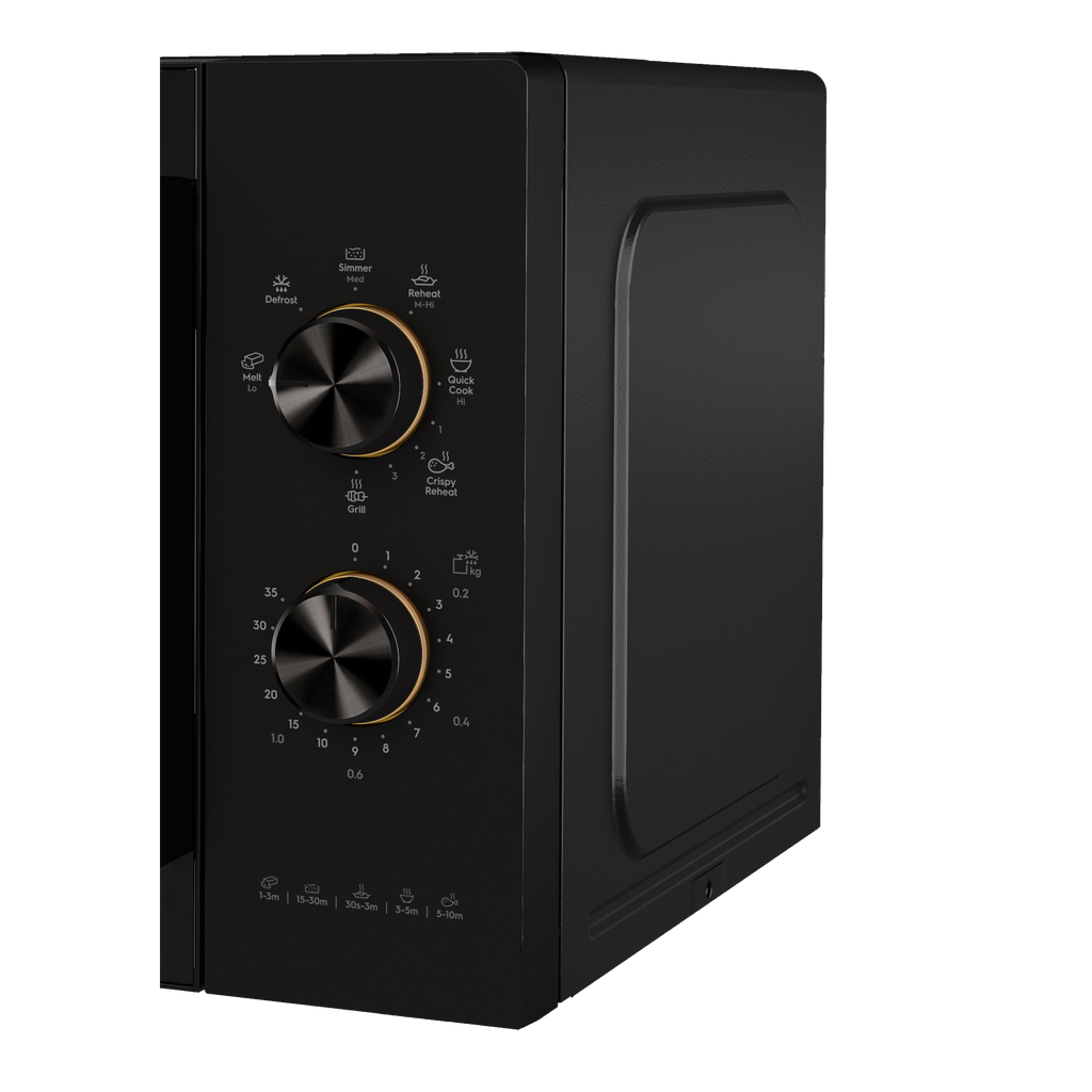 EMG23K22B 23L combination microwave oven, control dials with Grill, Defrost and Crispy Reheat settings
