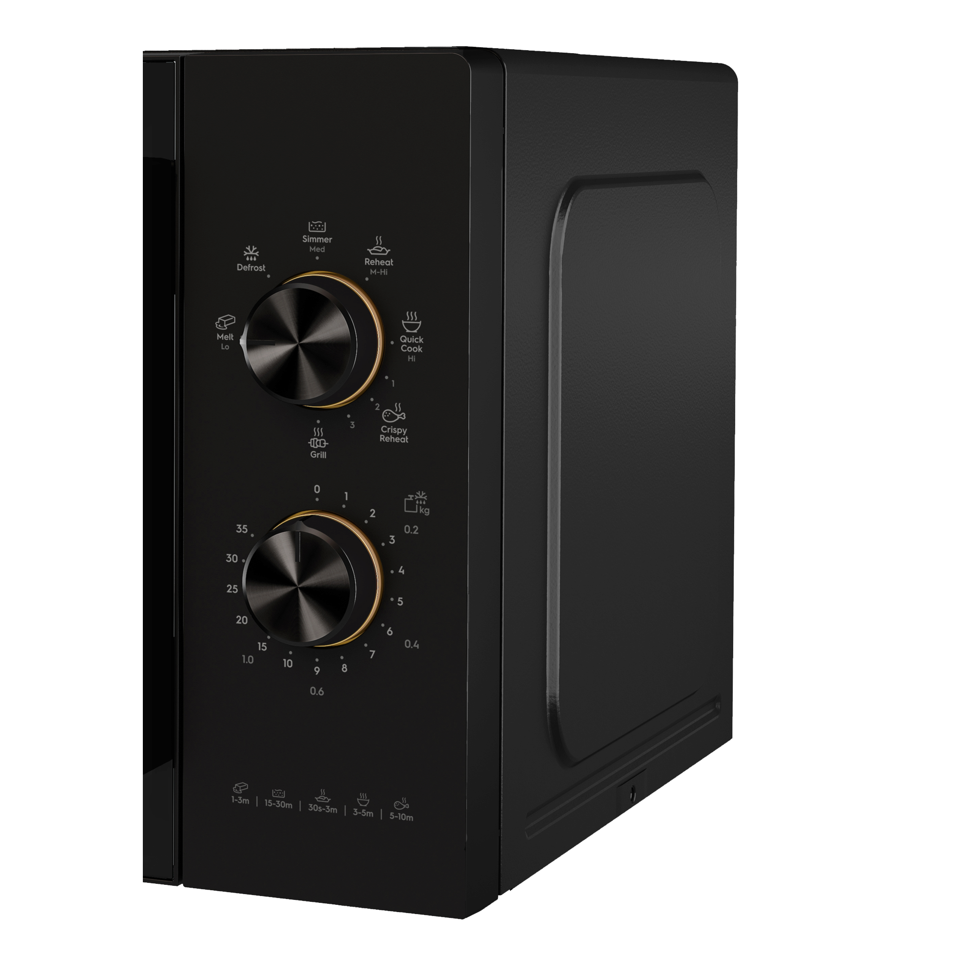 EMG23K22B 23L combination microwave oven, control dials with Grill, Defrost and Crispy Reheat settings