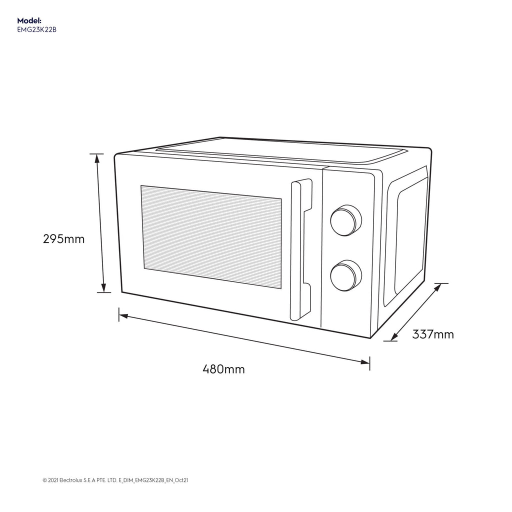 EMG23K22B 23L combination microwave oven dimensions diagram, 480mm wide by 295mm high by 337mm deep