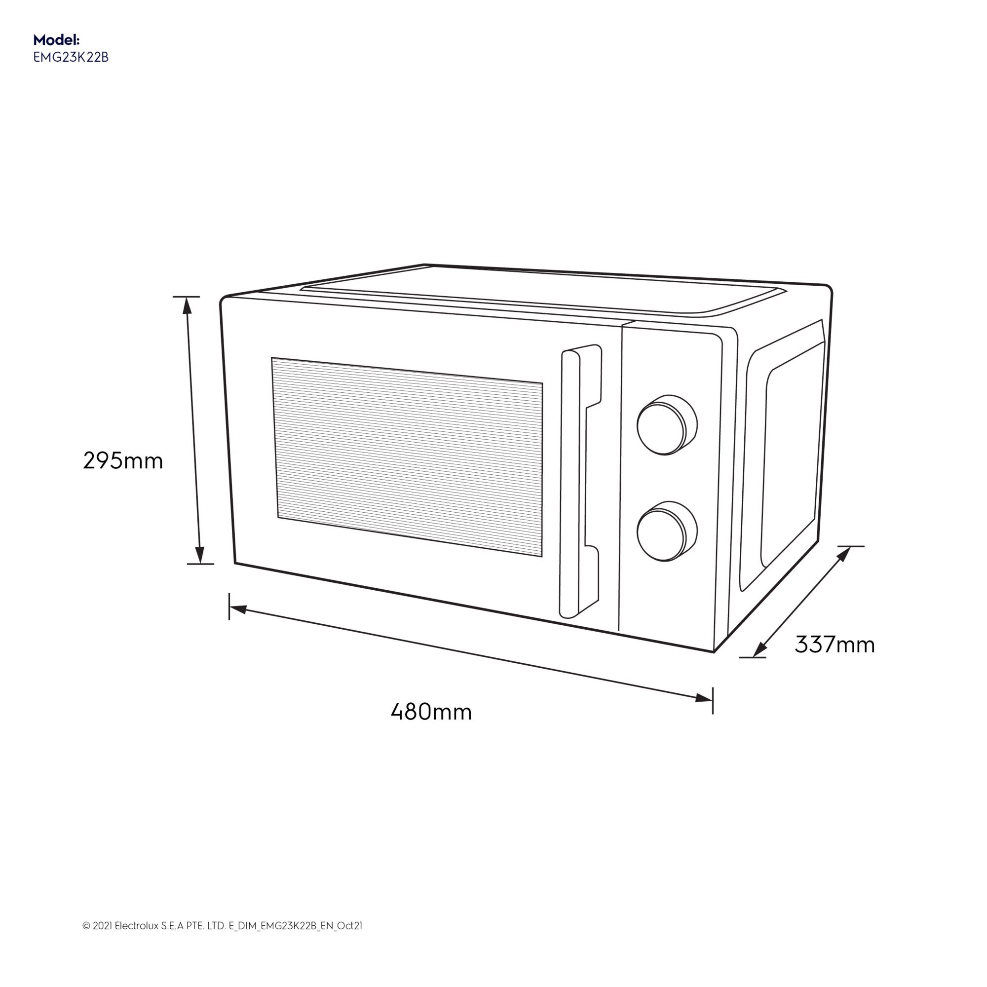 EMG23K22B 23L combination microwave oven dimensions diagram, 480mm wide by 295mm high by 337mm deep