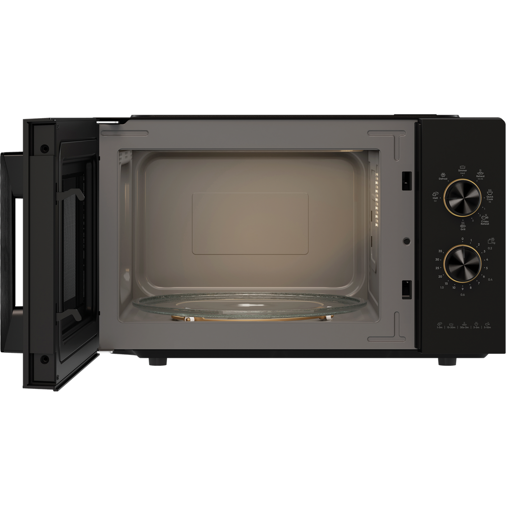 EMG23K22B 23L combination microwave oven, door open showing glass turntable