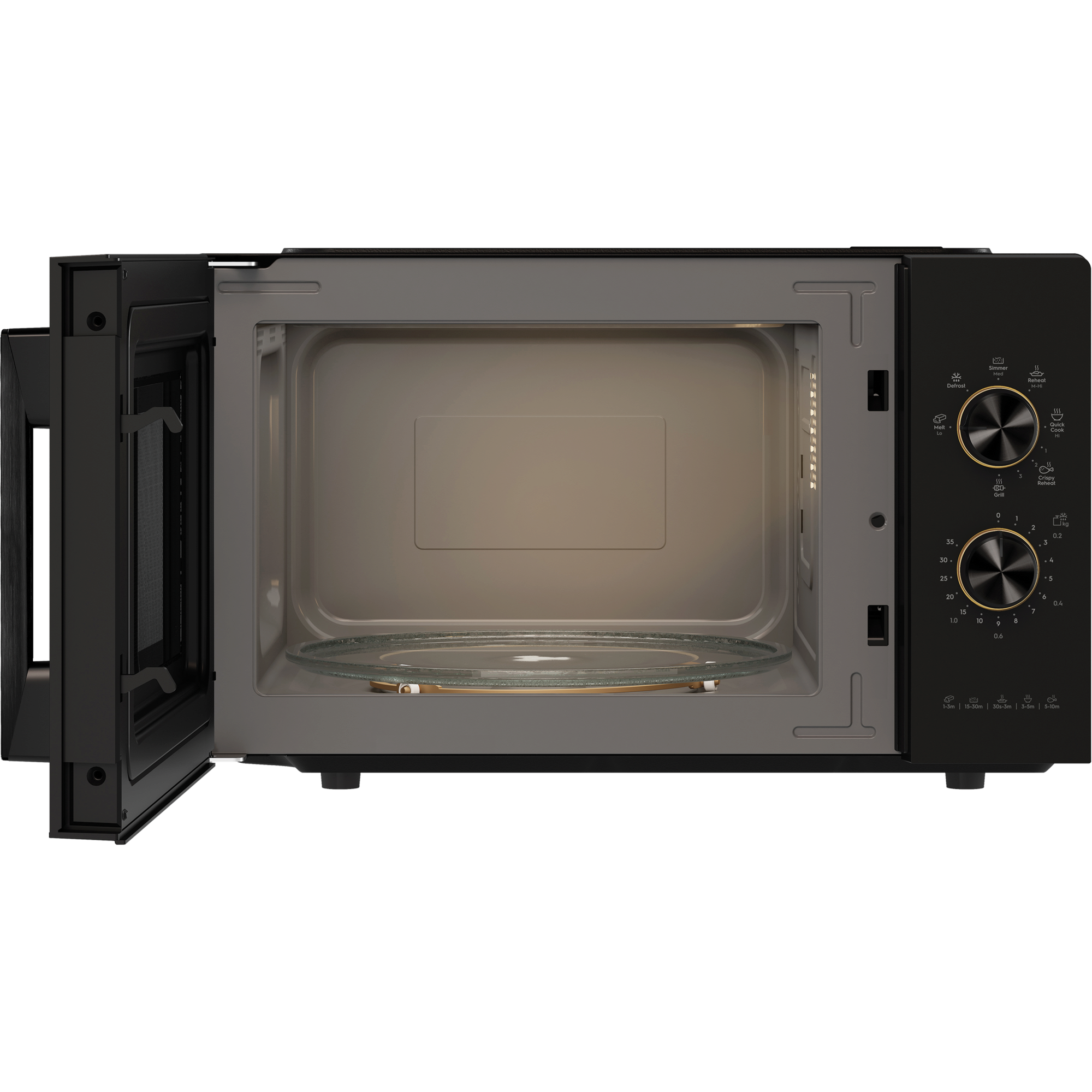 EMG23K22B 23L combination microwave oven, door open showing glass turntable