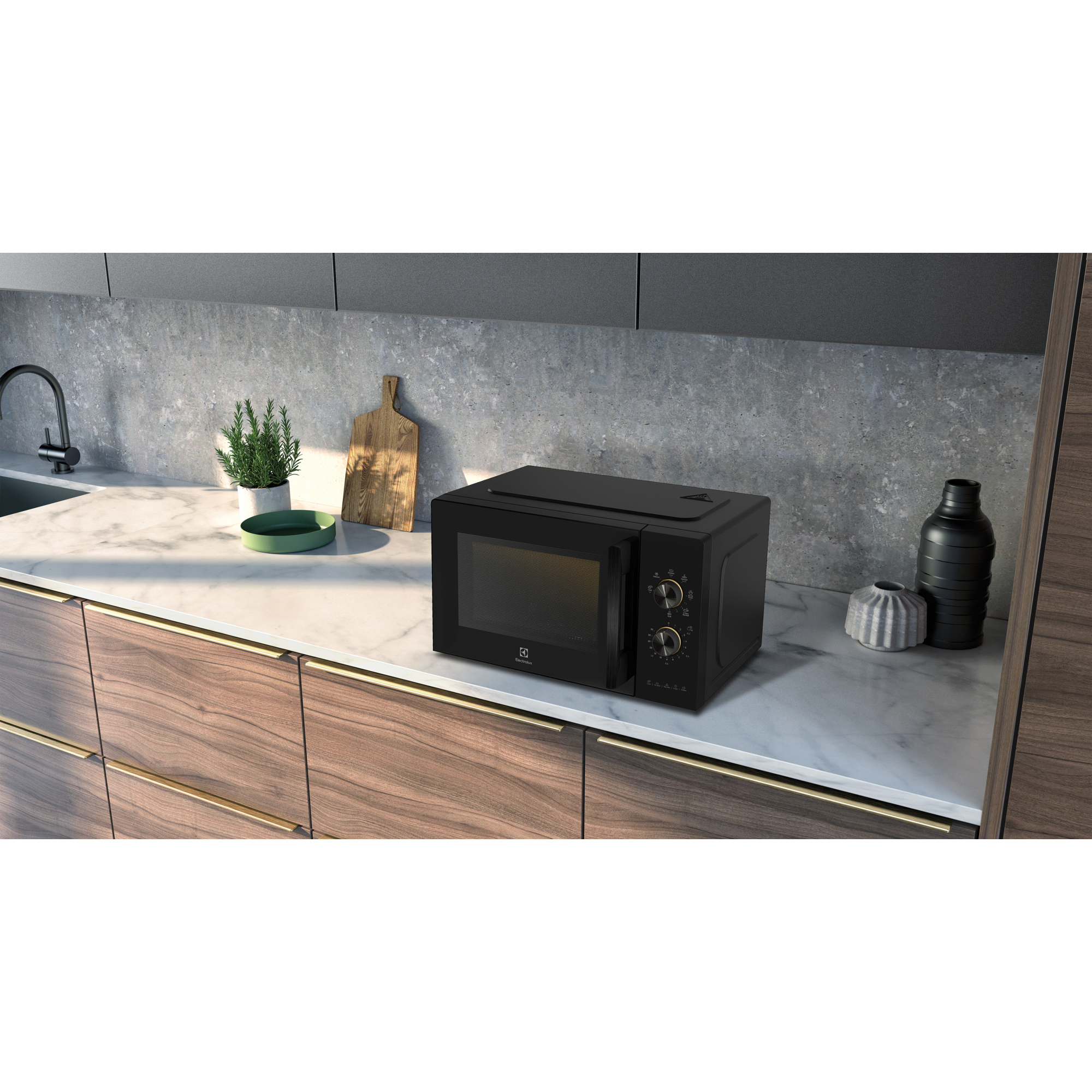 EMG23K22B 23L combination microwave oven on a marble kitchen countertop