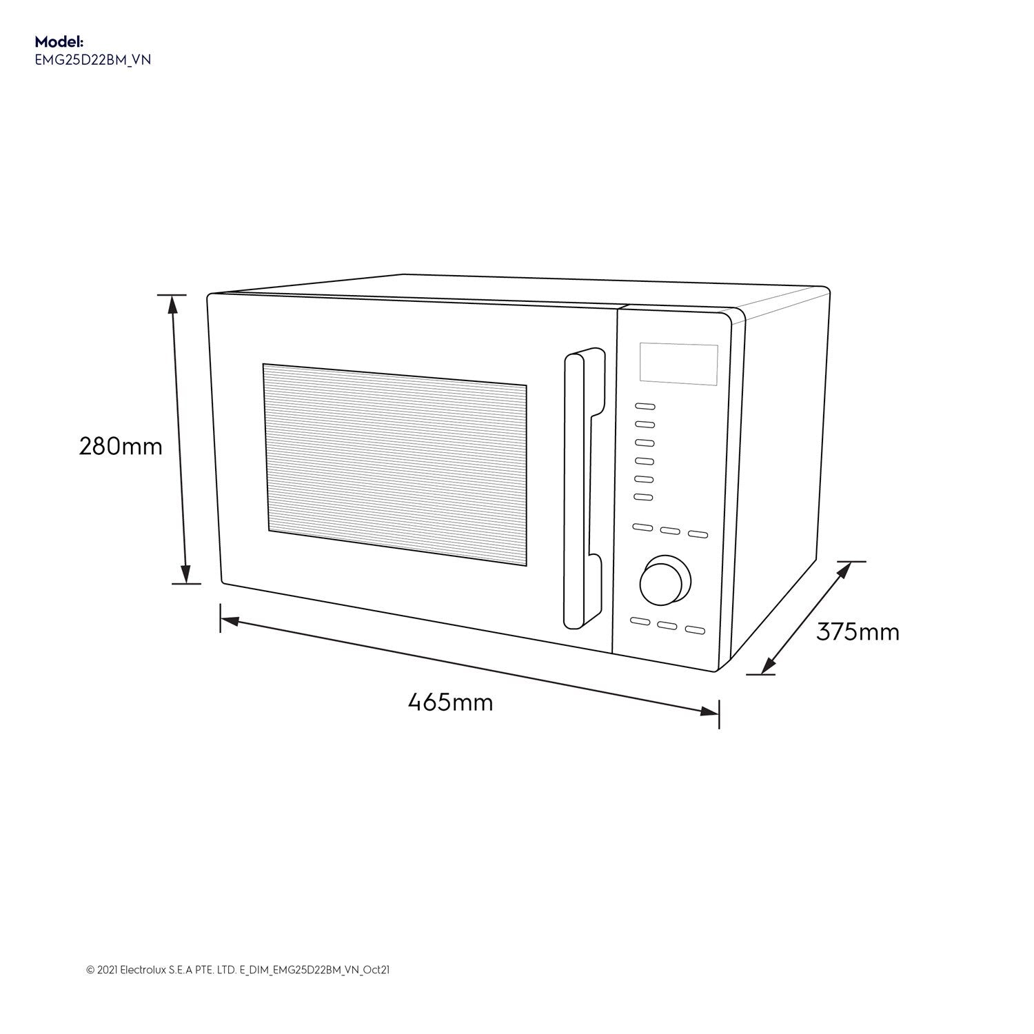EMG25D22BM 25L combination microwave oven dimensions diagram, 465mm wide by 280mm high by 375mm deep