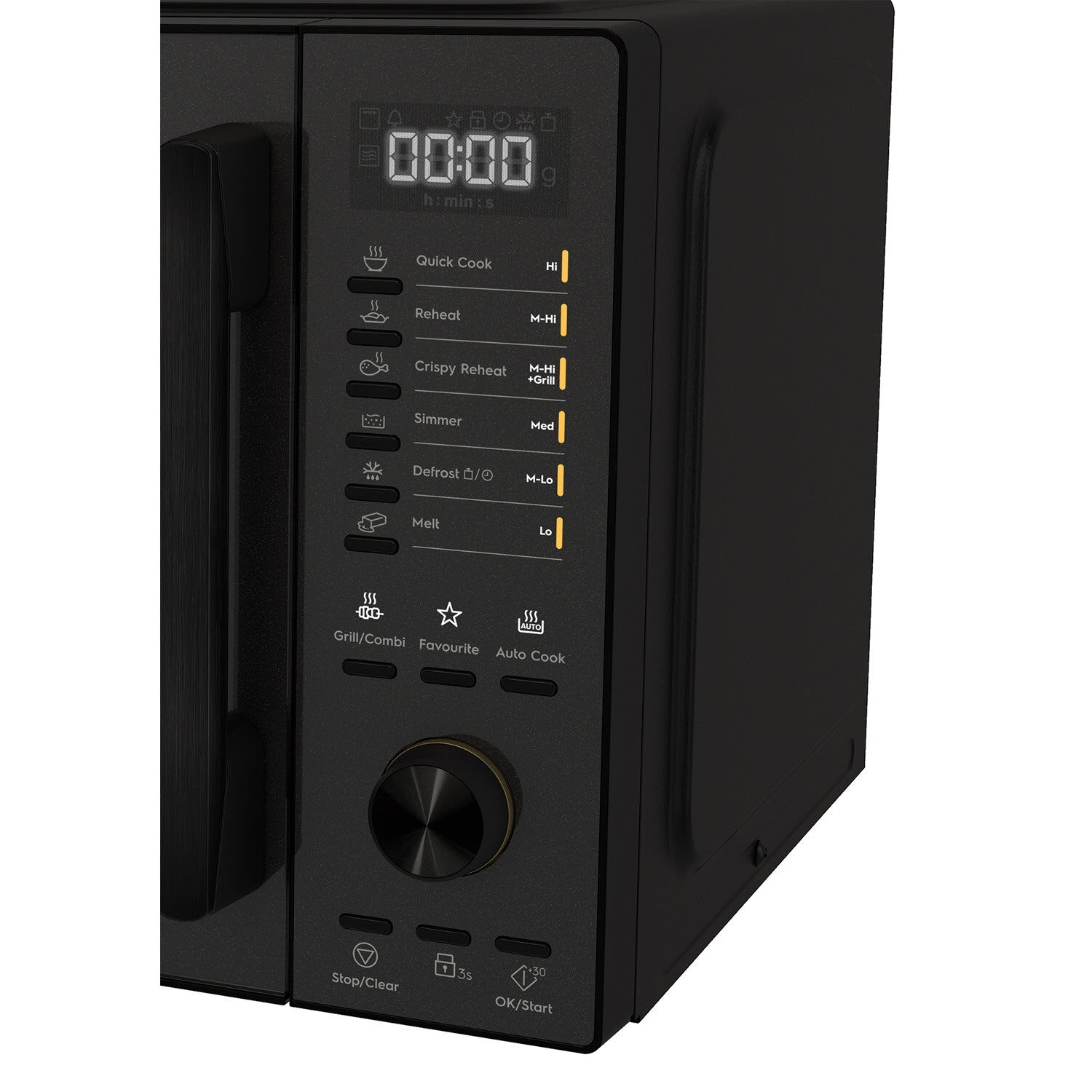EMG25D22BM 25L combination microwave oven, close-up of control panel and dial