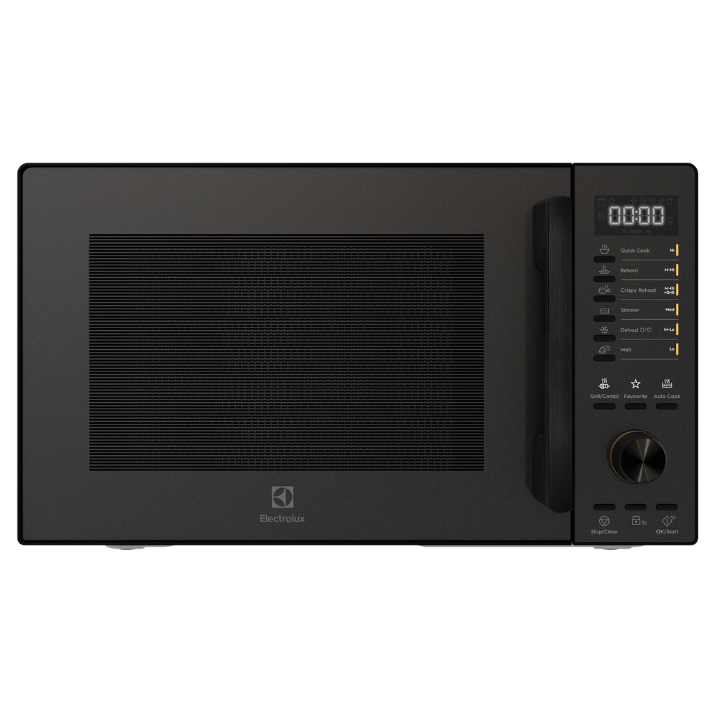 EMG25D22BM 25L UltimateTaste 500 freestanding combination microwave oven, front view, door closed