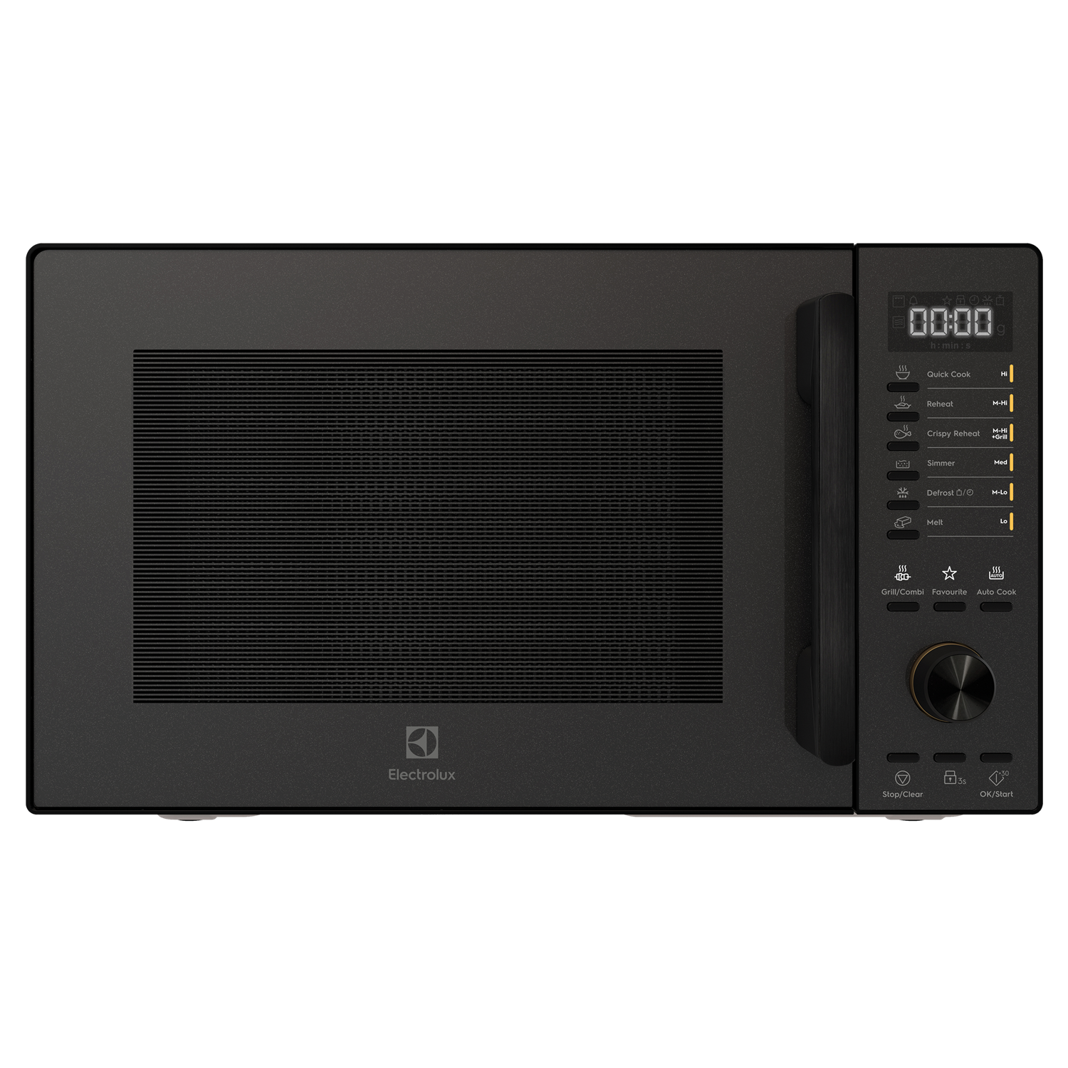 EMG25D22BM 25L UltimateTaste 500 freestanding combination microwave oven, front view, door closed