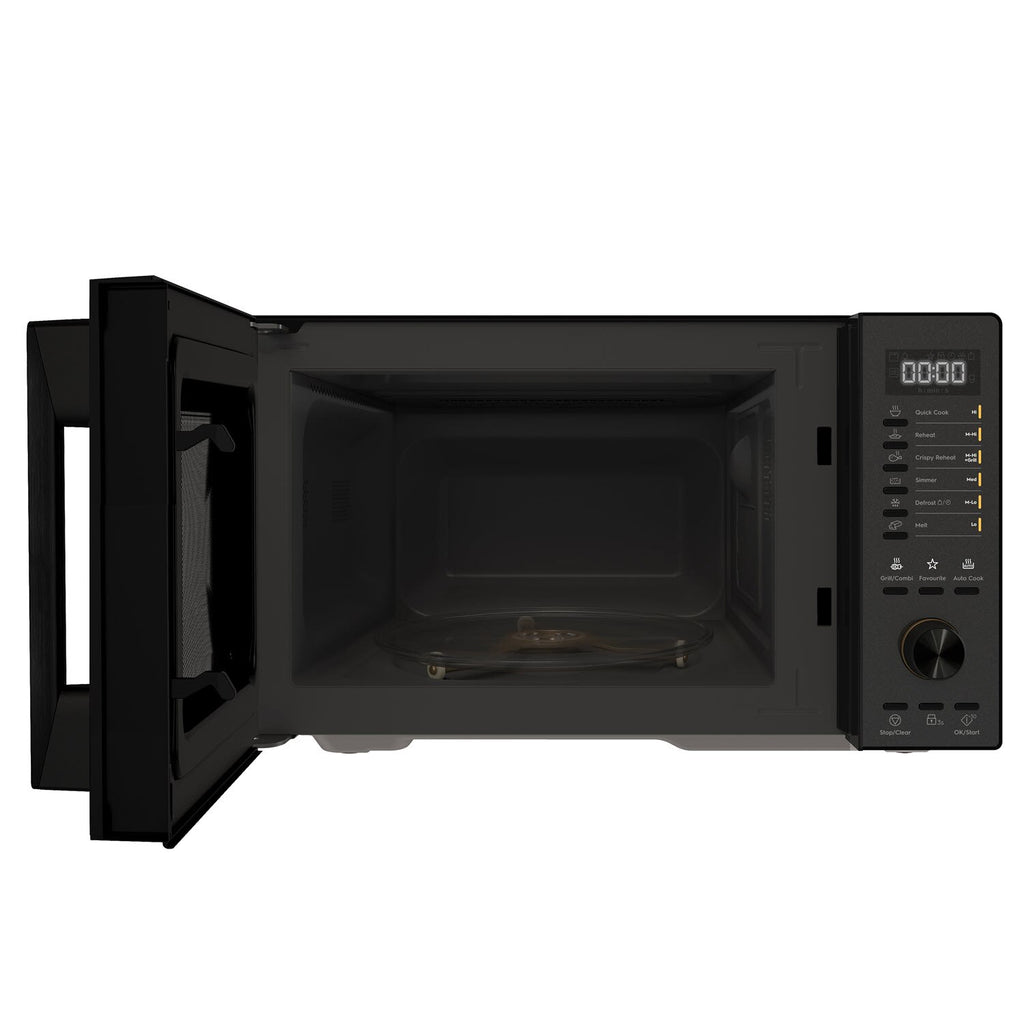 EMG25D22BM 25L combination microwave oven, front view with door open showing turntable