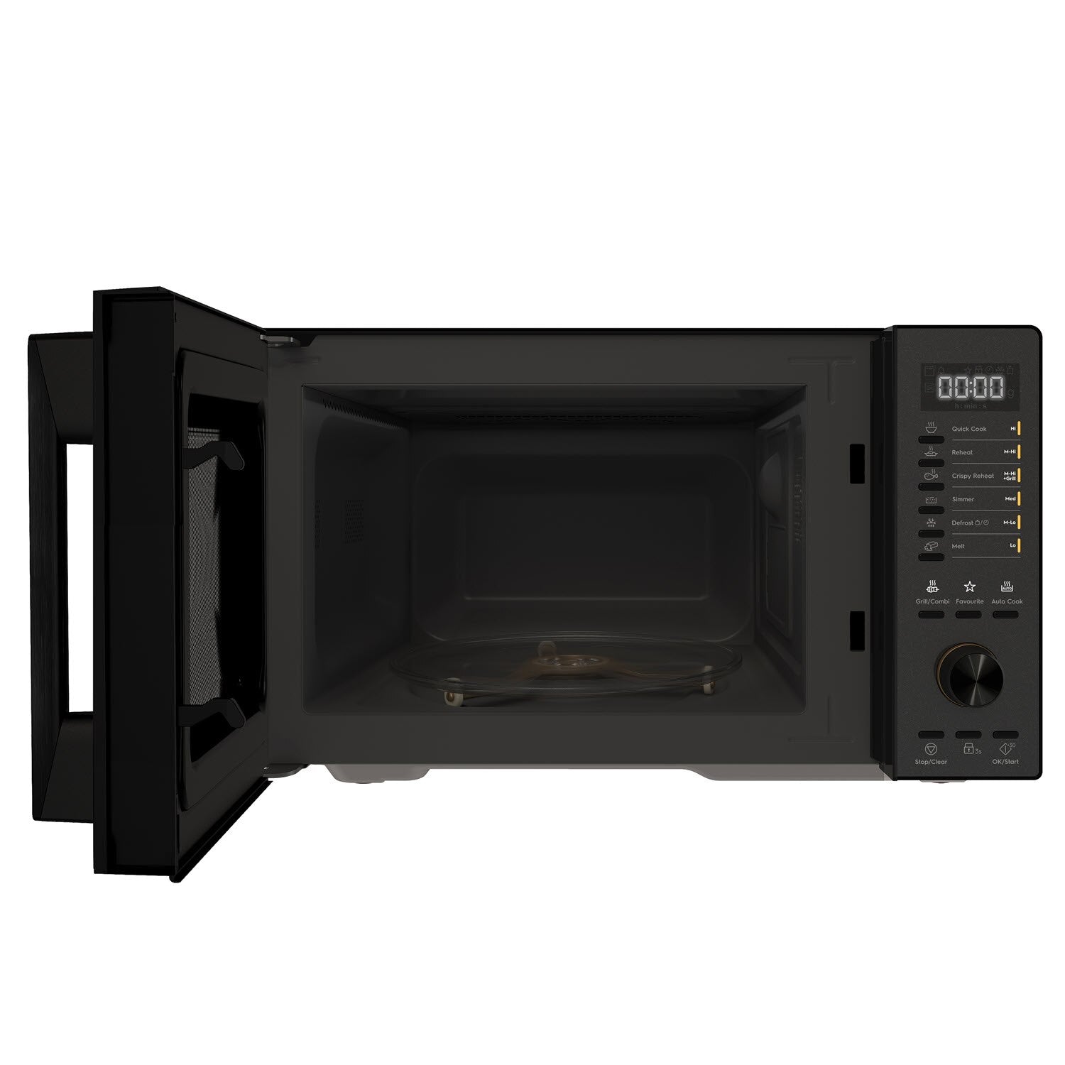 EMG25D22BM 25L combination microwave oven, front view with door open showing turntable