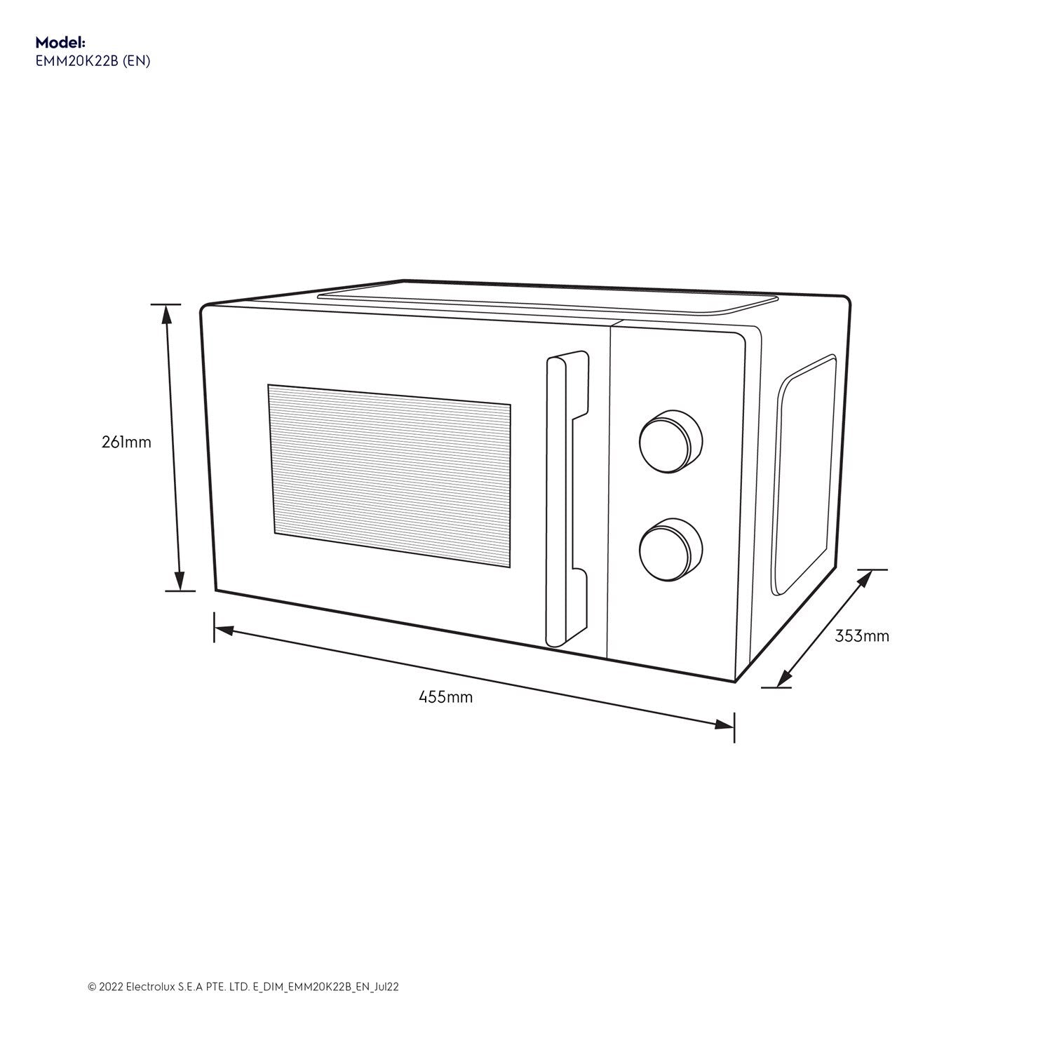 EMM20K22B 20L microwave oven dimensions diagram, 455mm wide by 261mm high by 353mm deep