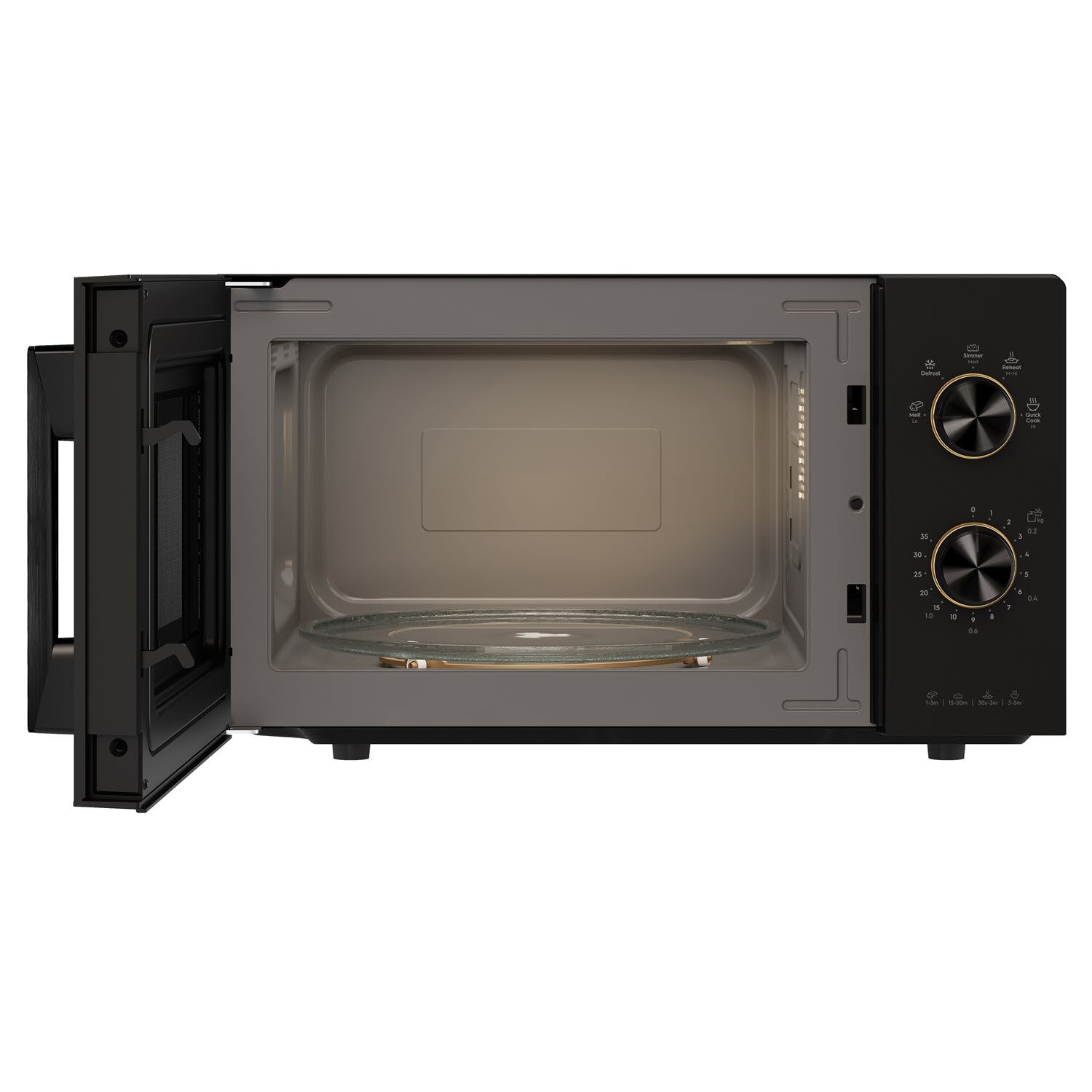 EMM20K22B 20L microwave oven, front view with door open showing glass turntable