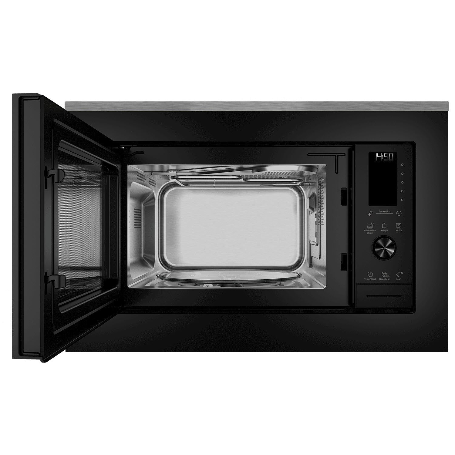 EMSB30XCF 30L built-in combination microwave oven, door open showing stainless steel cavity