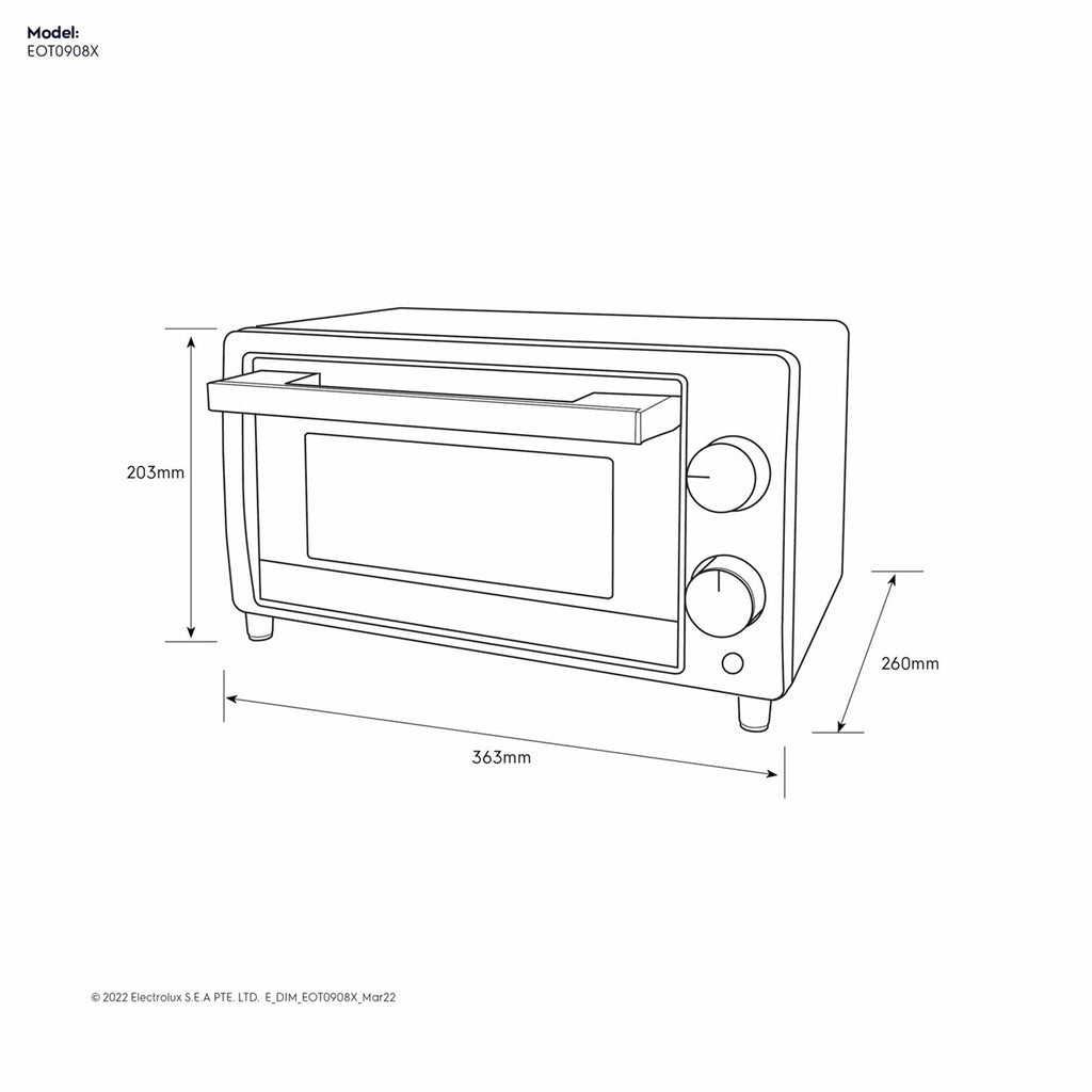 EOT0908X 9L UltimateTaste 300 electric oven dimension diagram, 363mm wide by 203mm high by 260mm deep