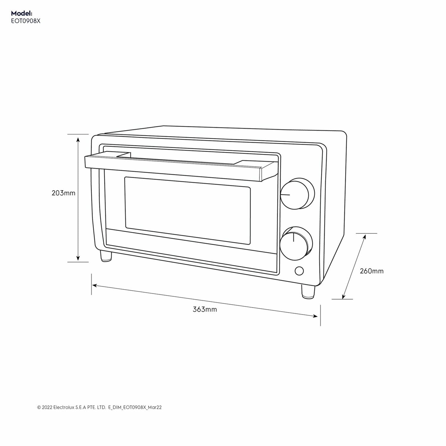 EOT0908X 9L UltimateTaste 300 electric oven dimension diagram, 363mm wide by 203mm high by 260mm deep