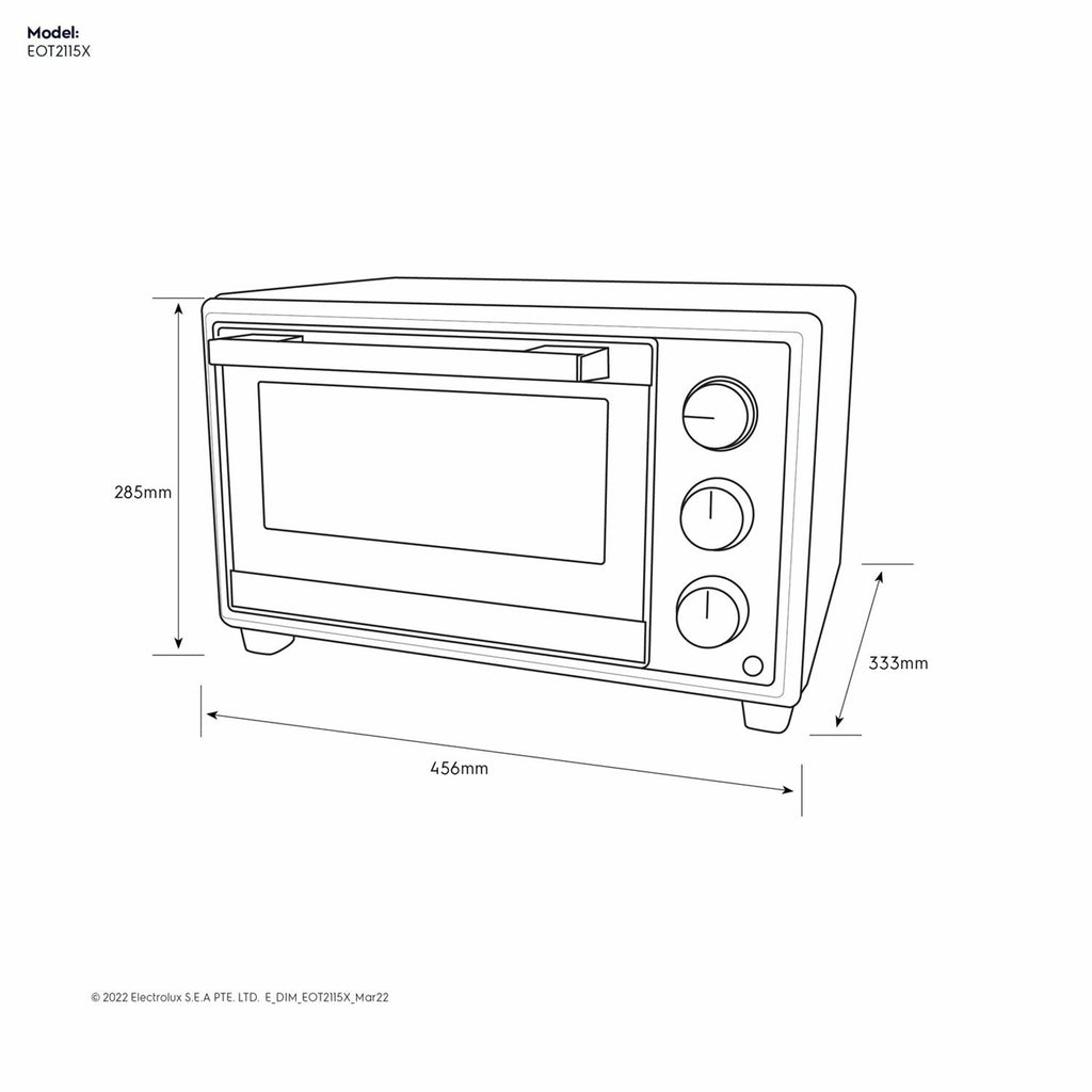 EOT2115X 21L UltimateTaste 500 electric oven dimension diagram, 456mm wide by 285mm high by 333mm deep