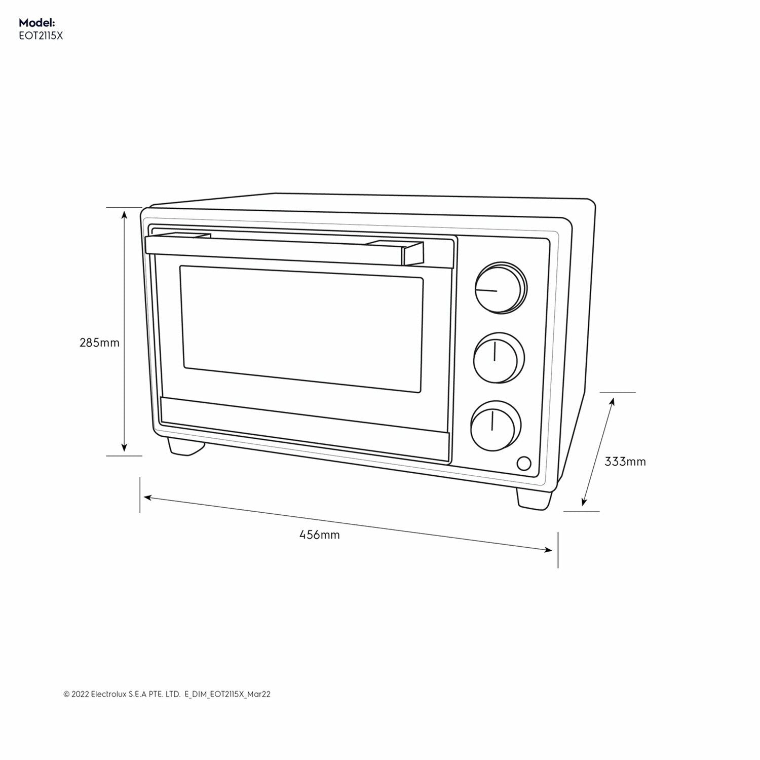 EOT2115X 21L UltimateTaste 500 electric oven dimension diagram, 456mm wide by 285mm high by 333mm deep