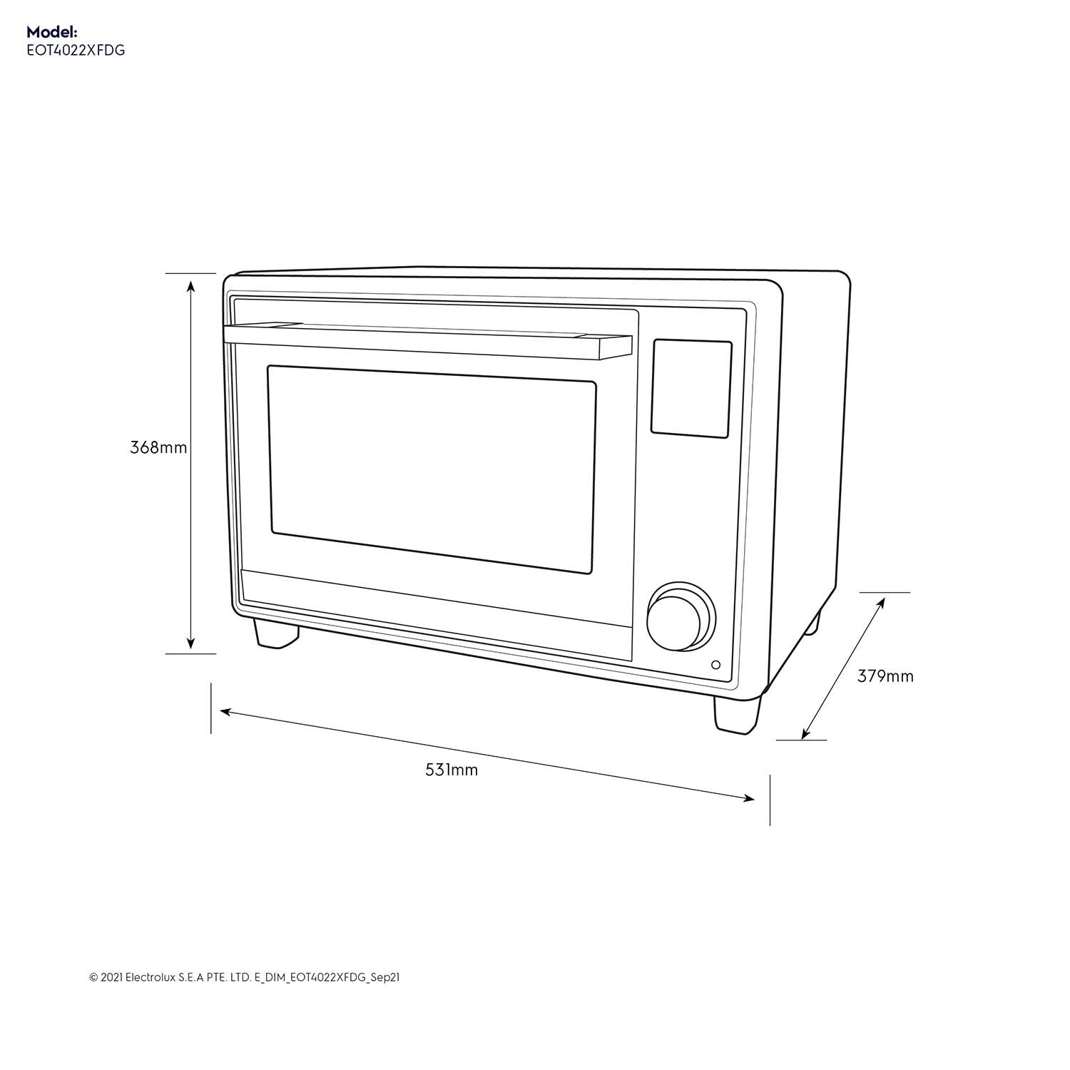 EOT4022XFDG 40L UltimateTaste 700 electric oven dimension diagram, 531mm wide by 368mm high by 379mm deep