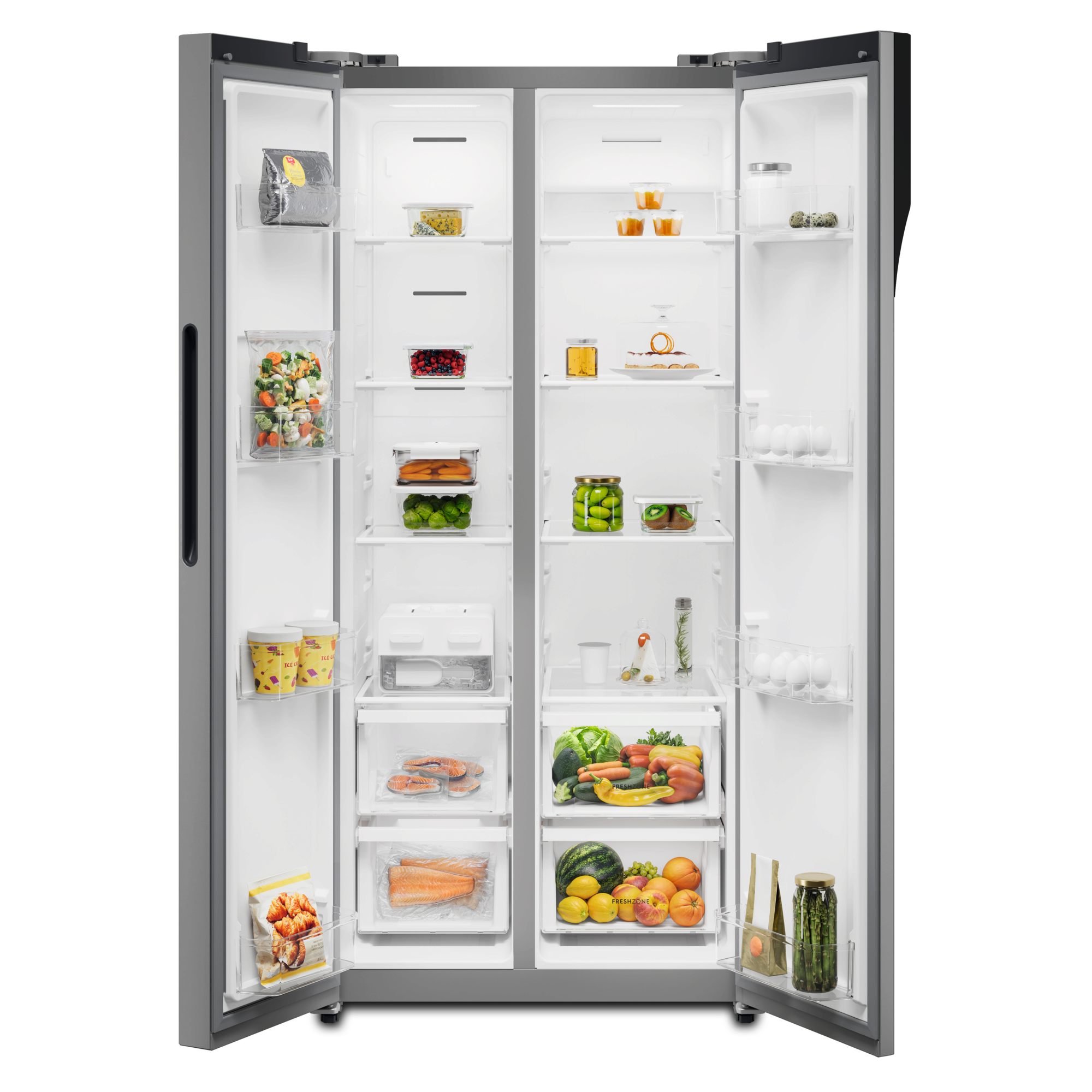 ESE5101B-A 507L side by side refrigerator interior with doors open