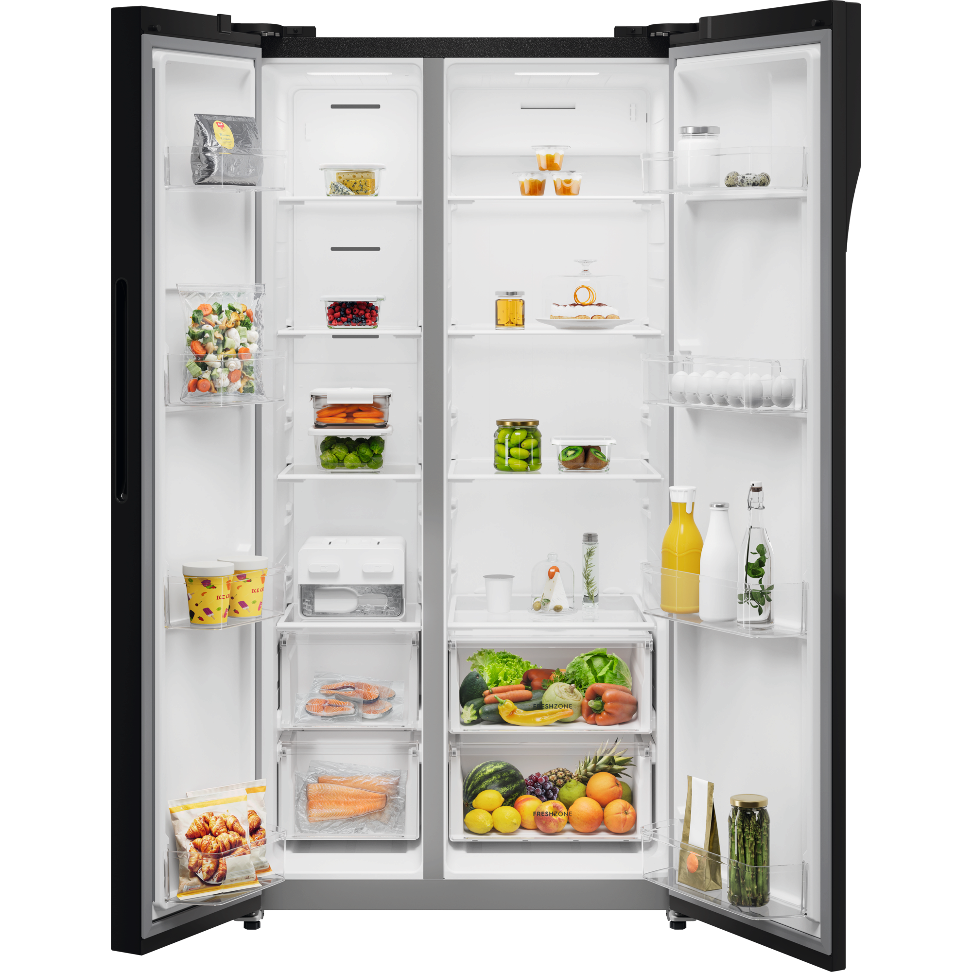 ESE6201B-B 625L side by side refrigerator interior with doors open