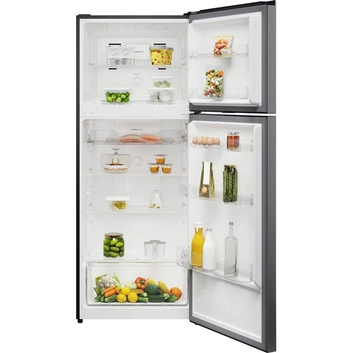 ETM4200A-A 415L top freezer refrigerator with both doors open showing shelves and storage