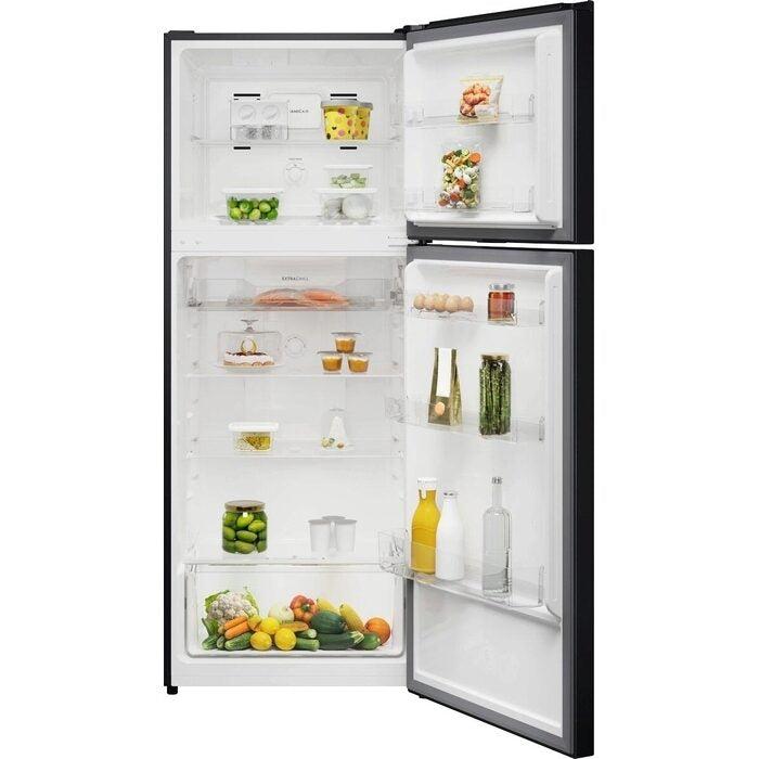 ETM4200A-B 415L top freezer refrigerator with both doors open showing shelves and storage