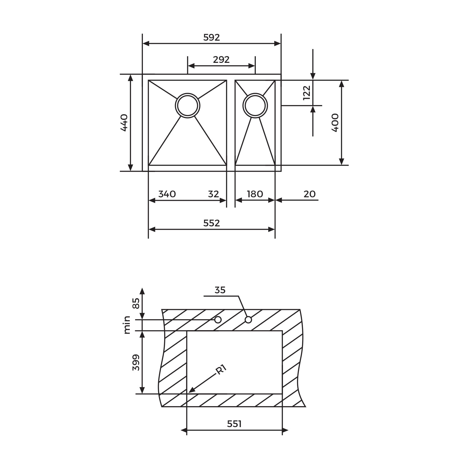 LINEA 340.400 / 180.400 60cm undermount double bowl stainless steel