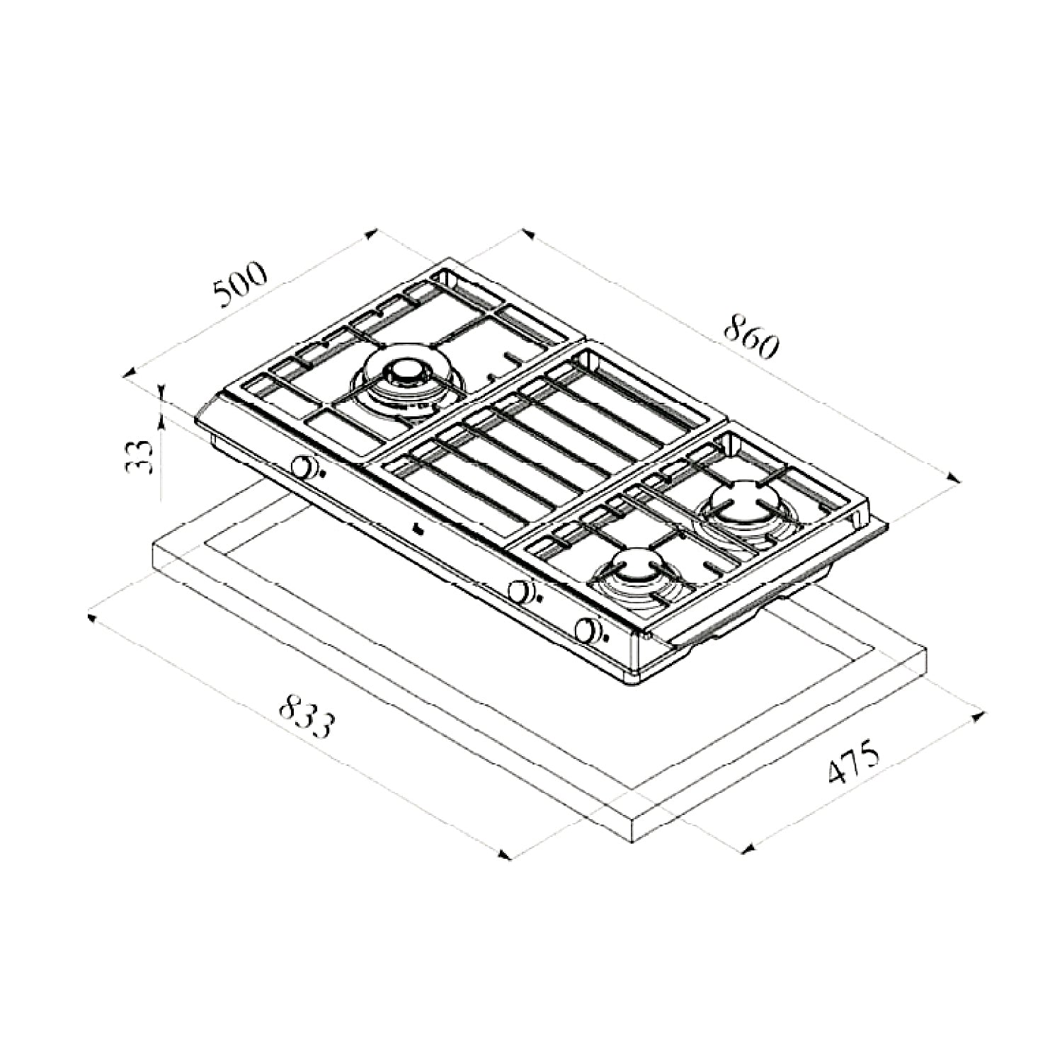 EX 90.1 3G 90cm triple cooking zone gas hob with cast iron