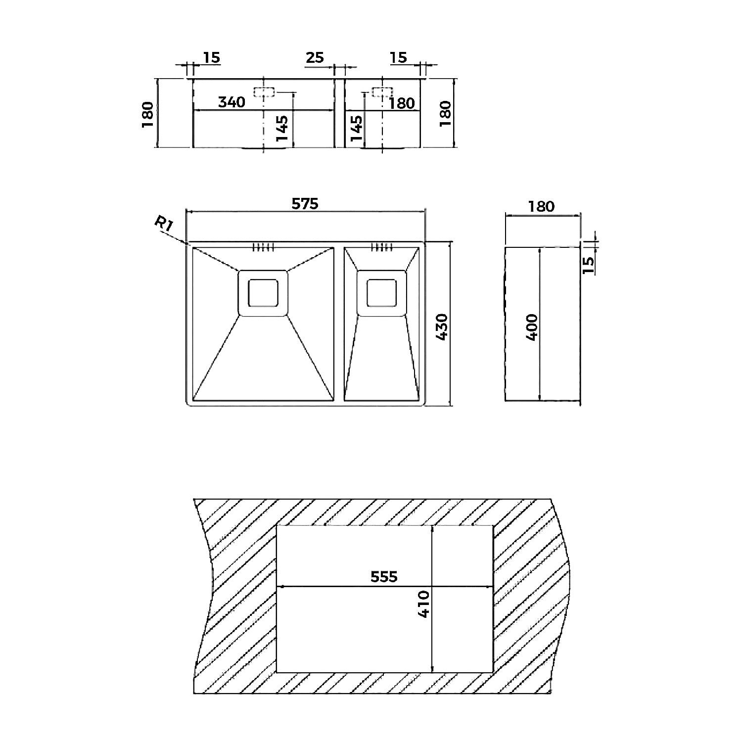 Teka Square 340.400 / 180.400 undermount double bowl stainless steel sink, further view 3