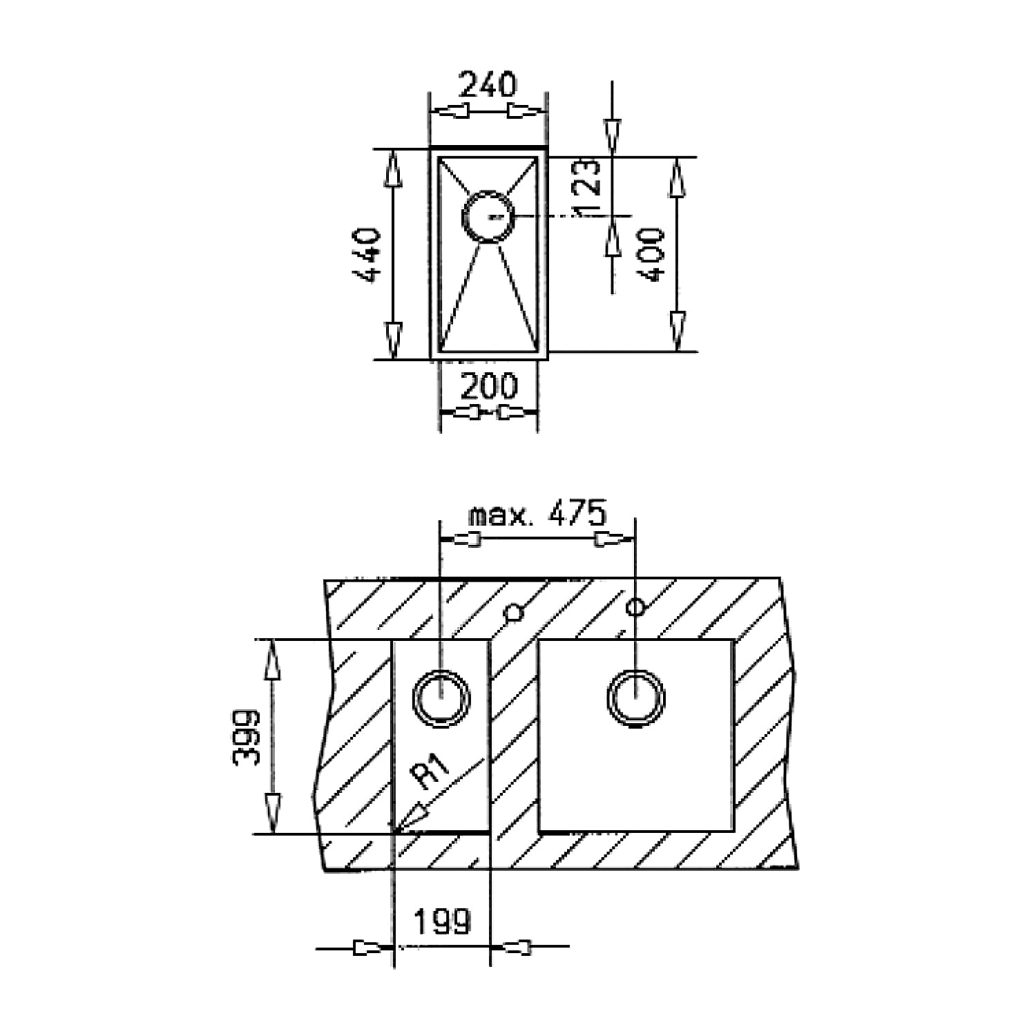 Linea 200.400 30cm undermount single bowl stainless steel