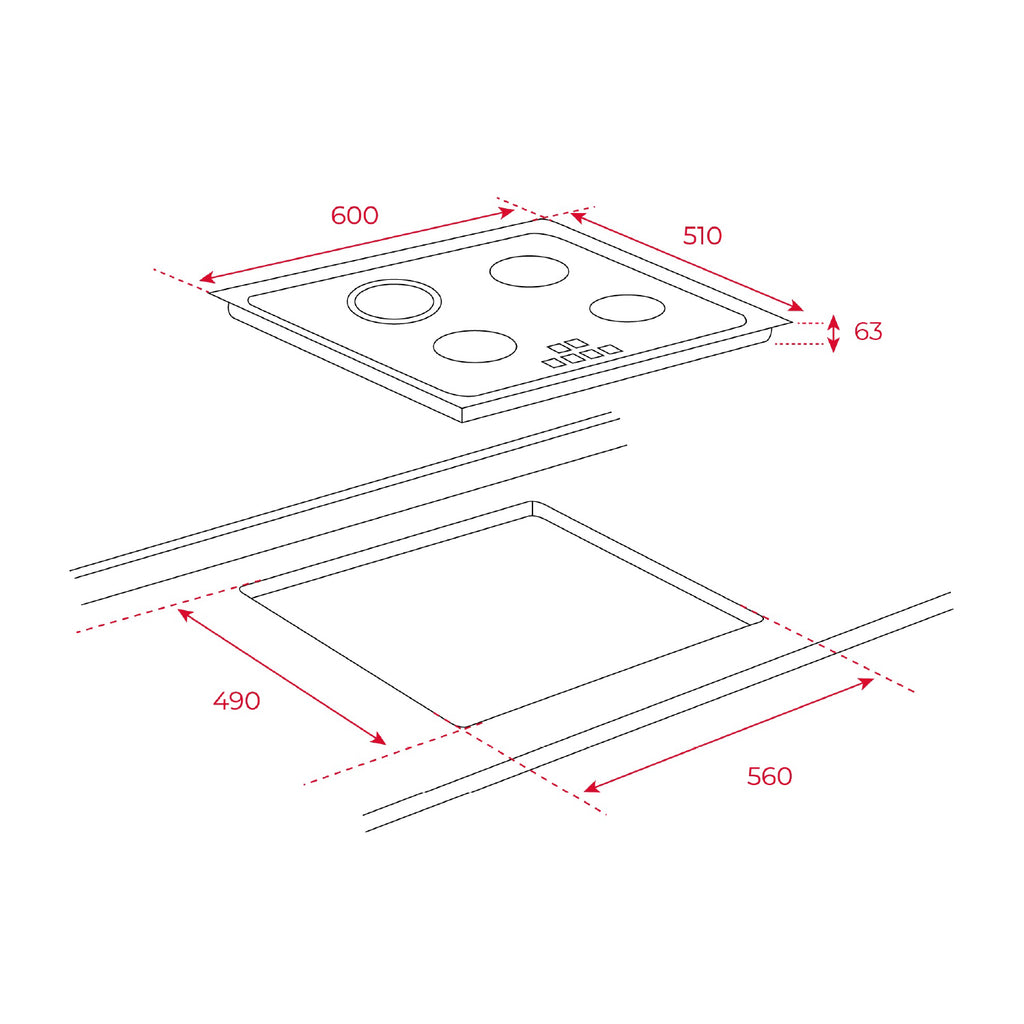 TZ 6315 60cm Vitroceramic Hob with 3 Cooking Zones