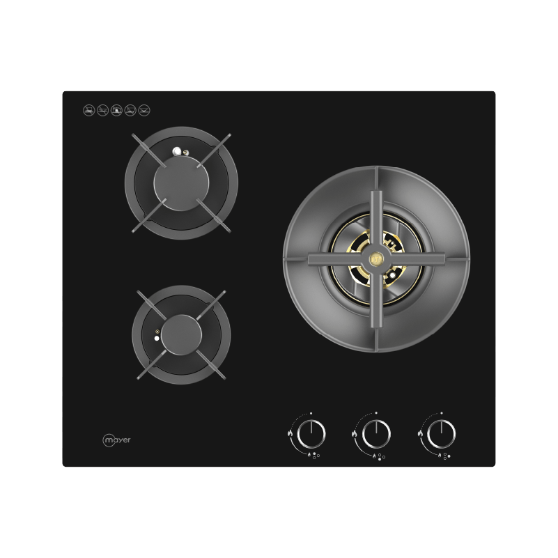Mayer MMGH360HI three-zone glass gas hob, Town Gas, 600 mm wide