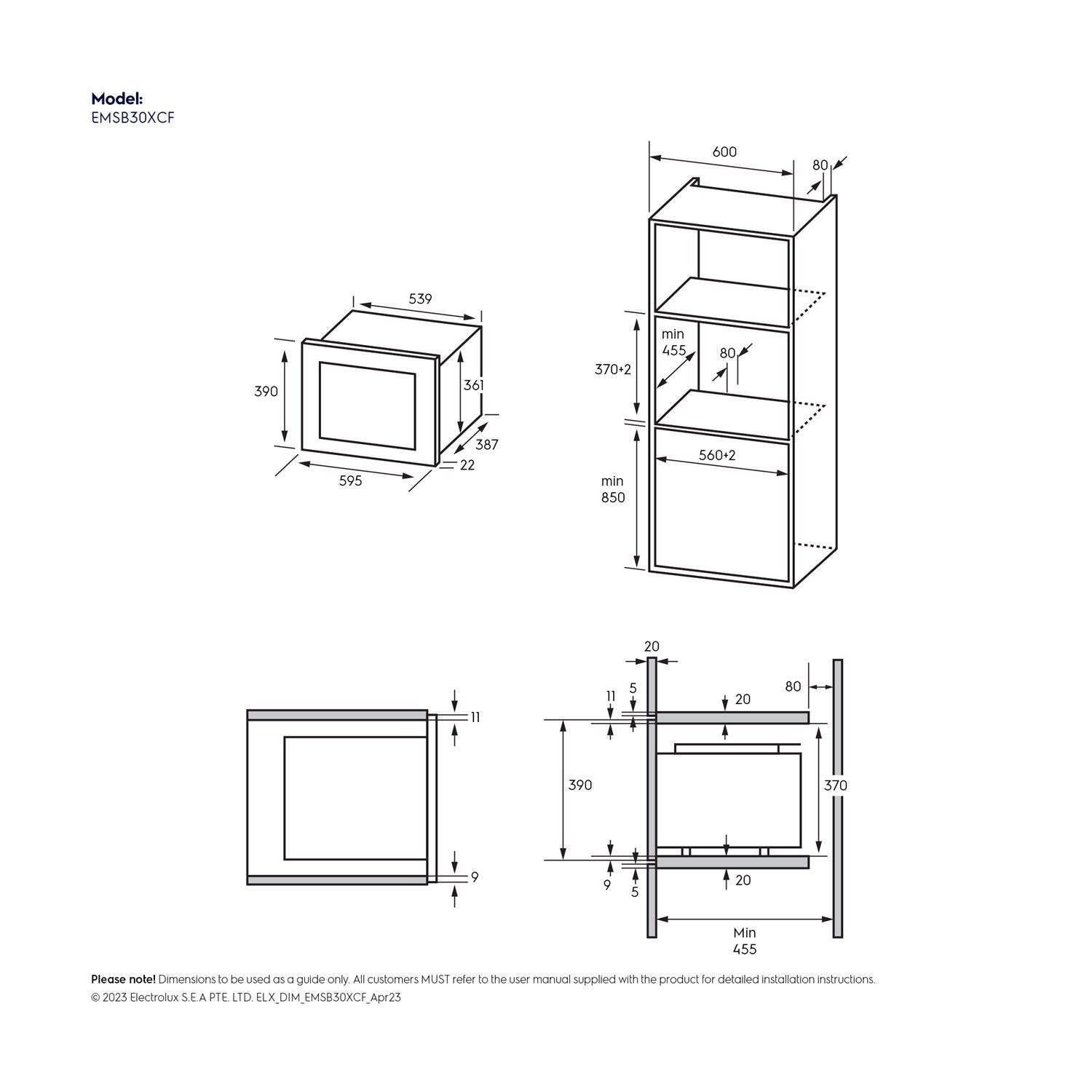 EMSB30XCF built-in combination microwave oven installation dimensions diagram, 595mm wide by 390mm high by 387mm deep