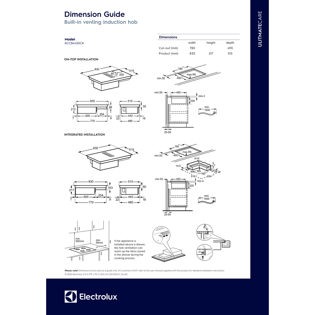 KCC84450CK 85cm 4 zones venting induction hob