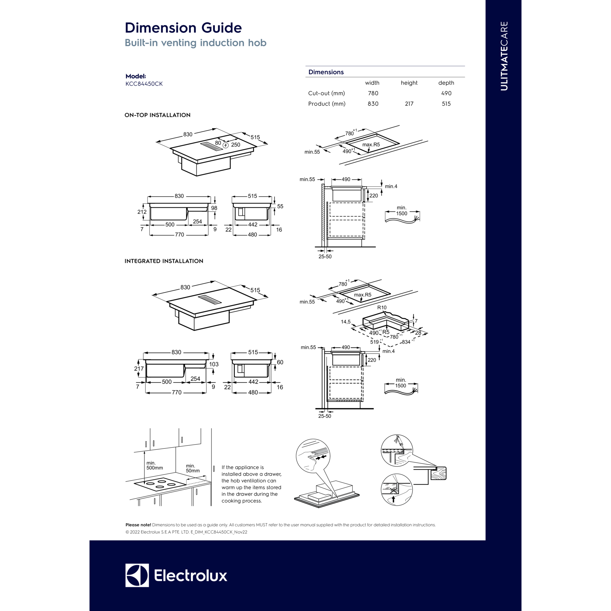 KCC84450CK 85cm 4 zones venting induction hob