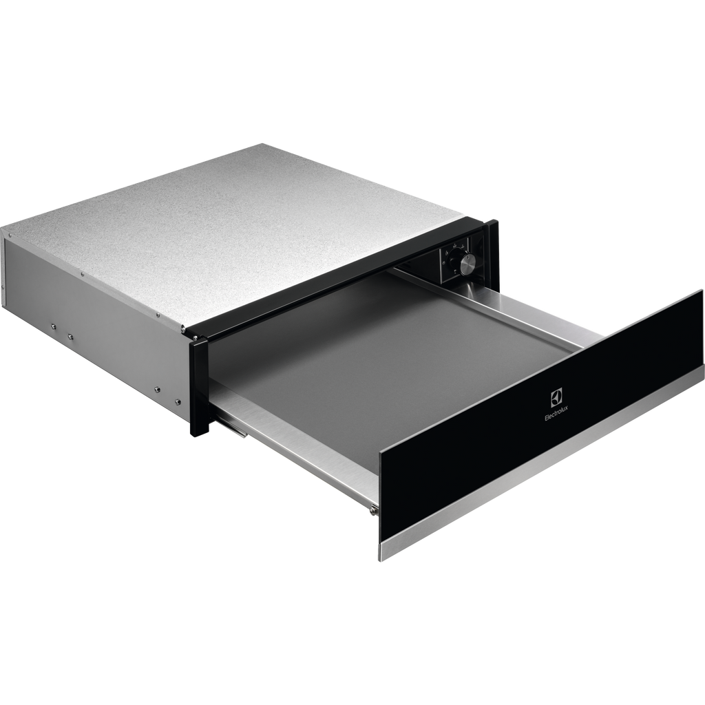Electrolux KBD4X 60 cm UltimateTaste 700 built-in warming drawer, angled view with the drawer open showing the stainless steel interior and black glass front